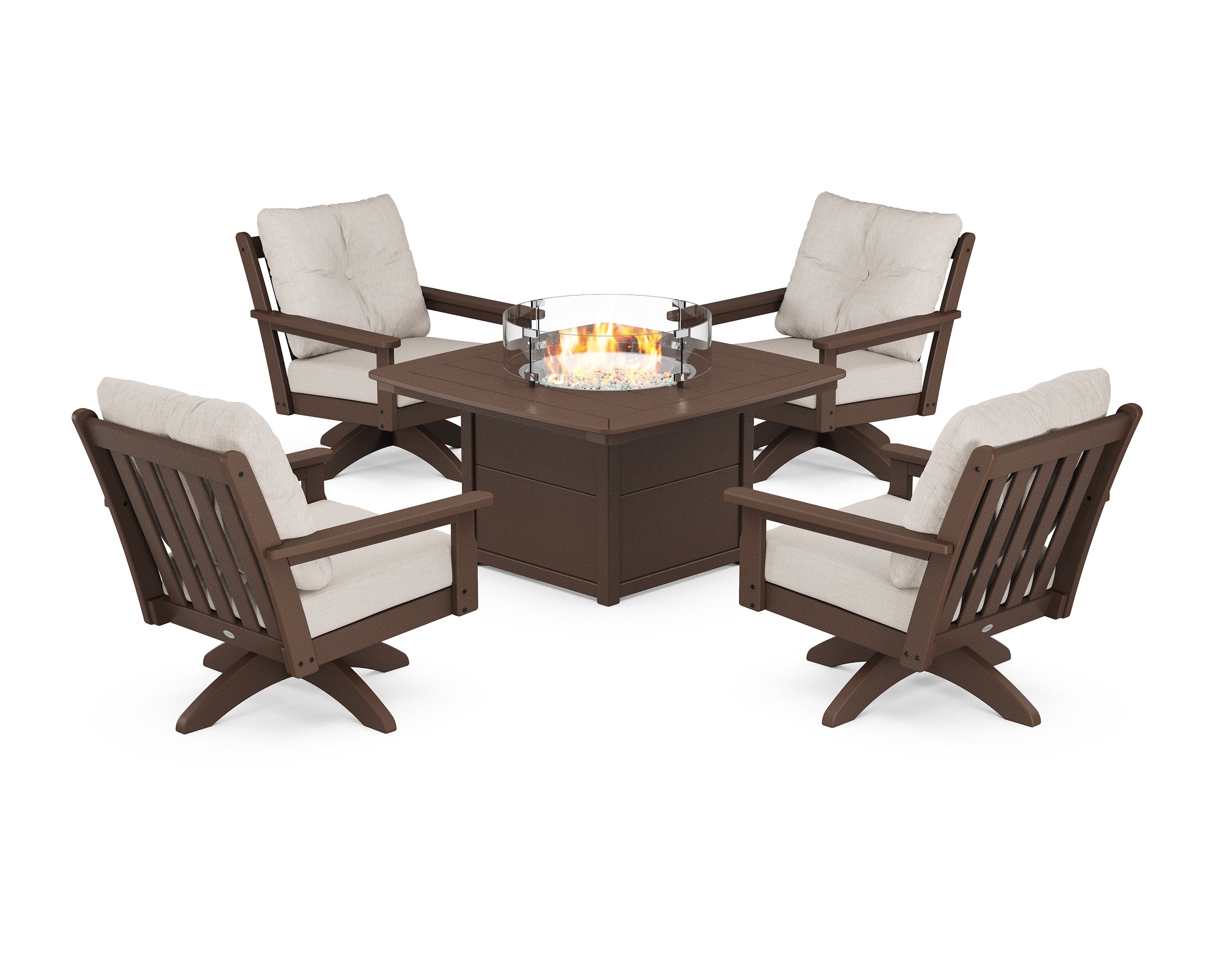 Vineyard 5-Piece Deep Seating Swivel Conversation Set with Fire Pit Table in Mahogany / Cast Ash
