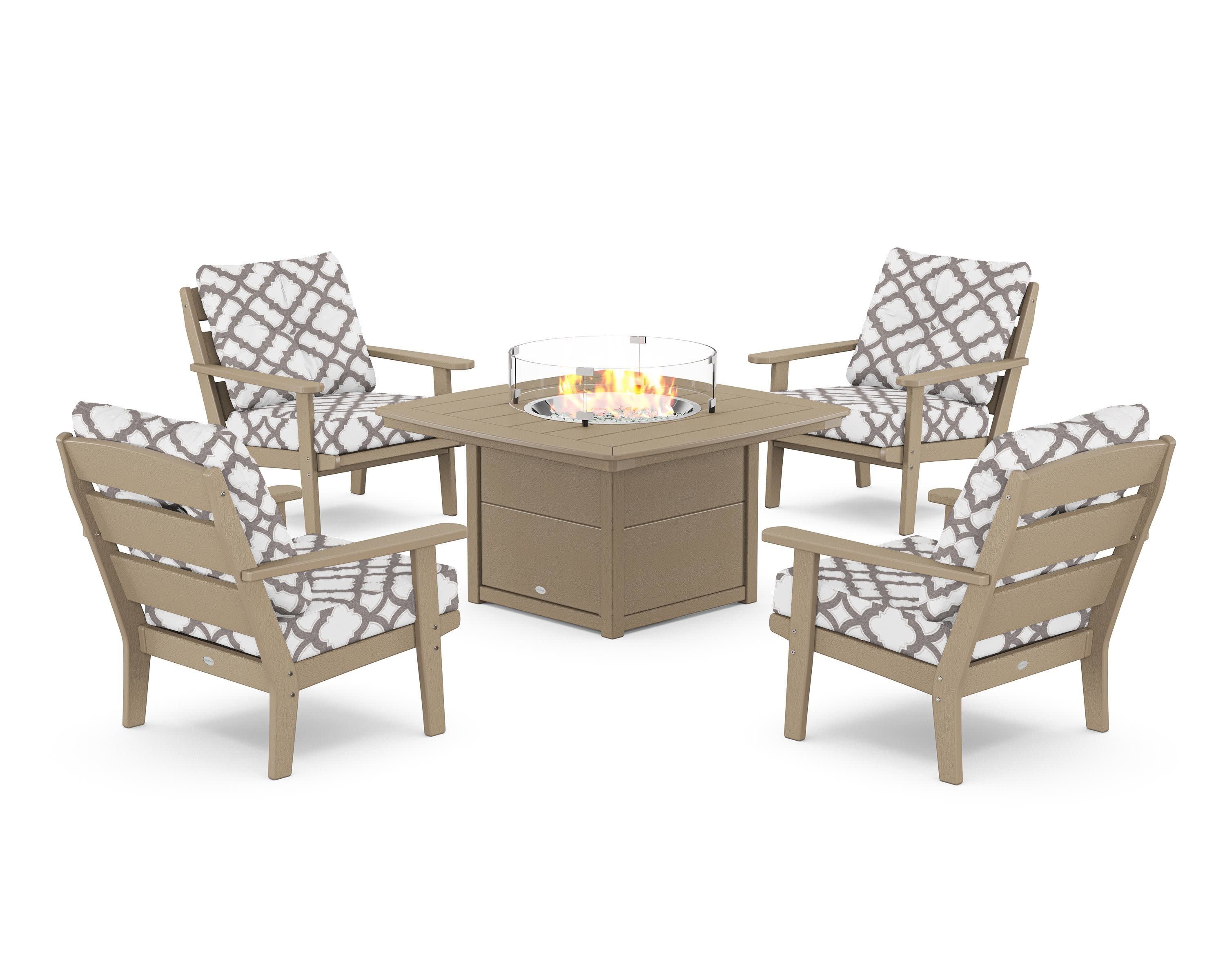 Lakeside 5-Piece Deep Seating Set with Nautical Fire Pit Table in Vintage Sahara / Trellis Grey Mist
