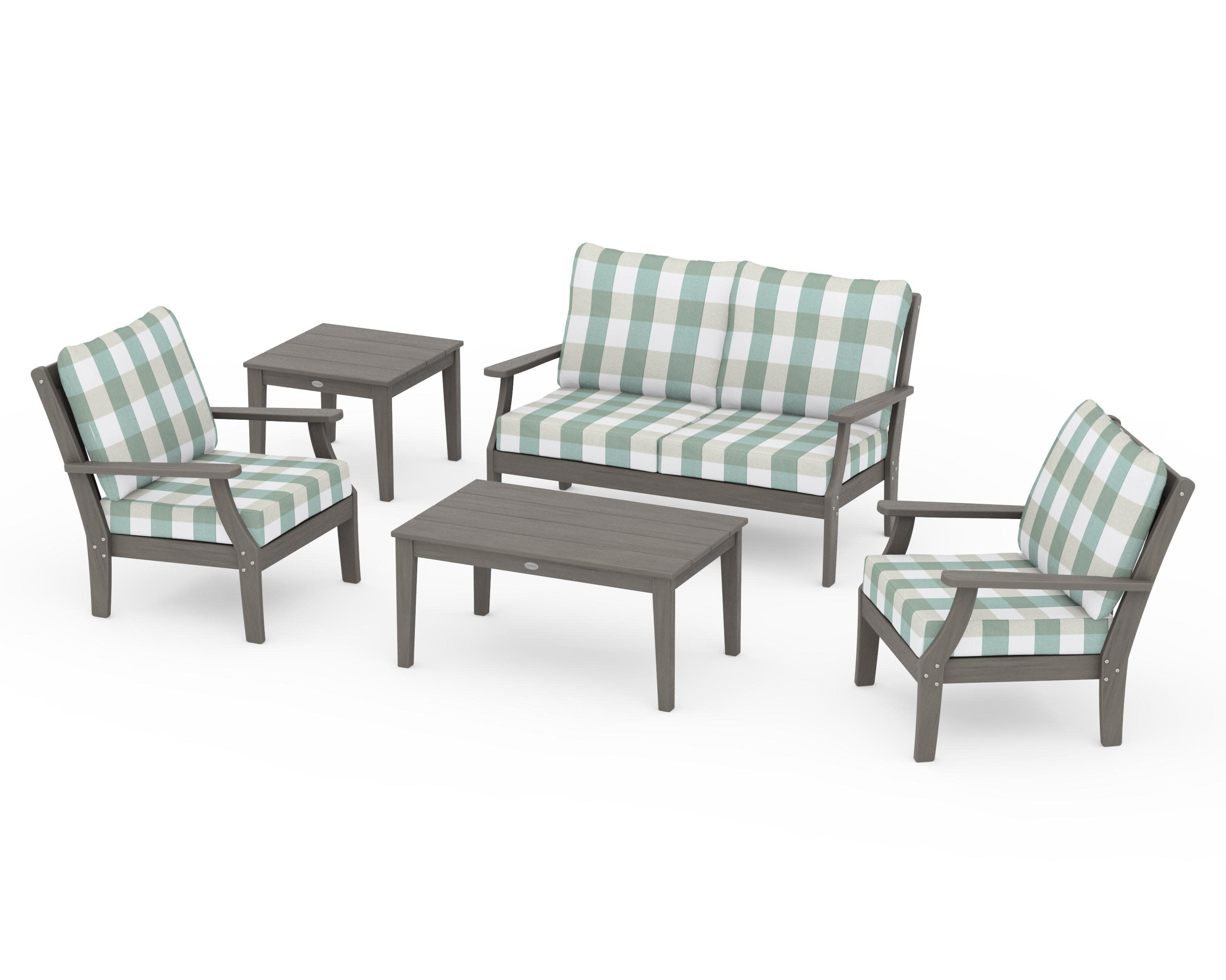 Braxton 5-Piece Deep Seating Set in Driftwood / Buffalo Plaid Glacier Spa