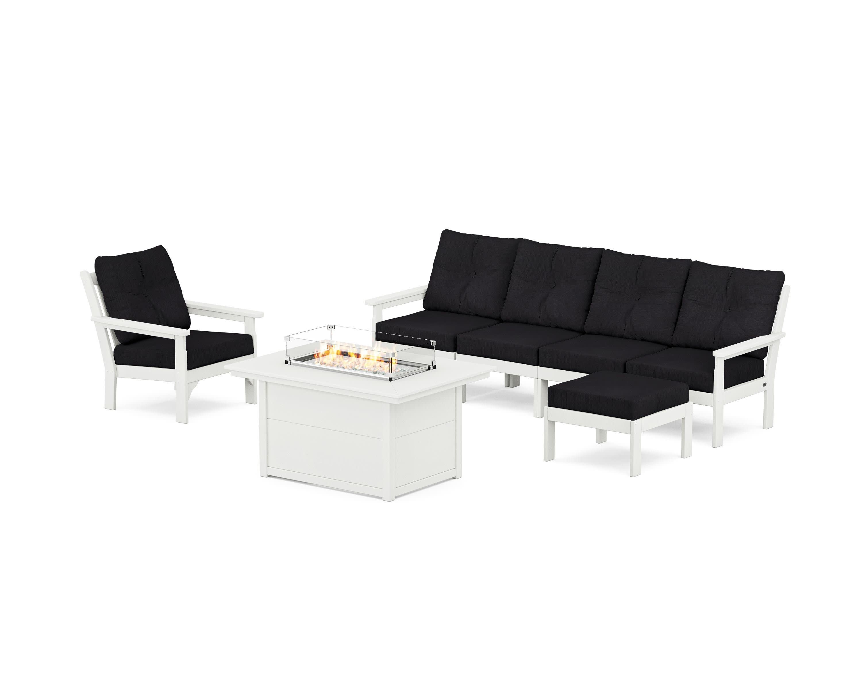 Vineyard Sectional Lounge and Fire Pit Set in Vintage White / Midnight Linen