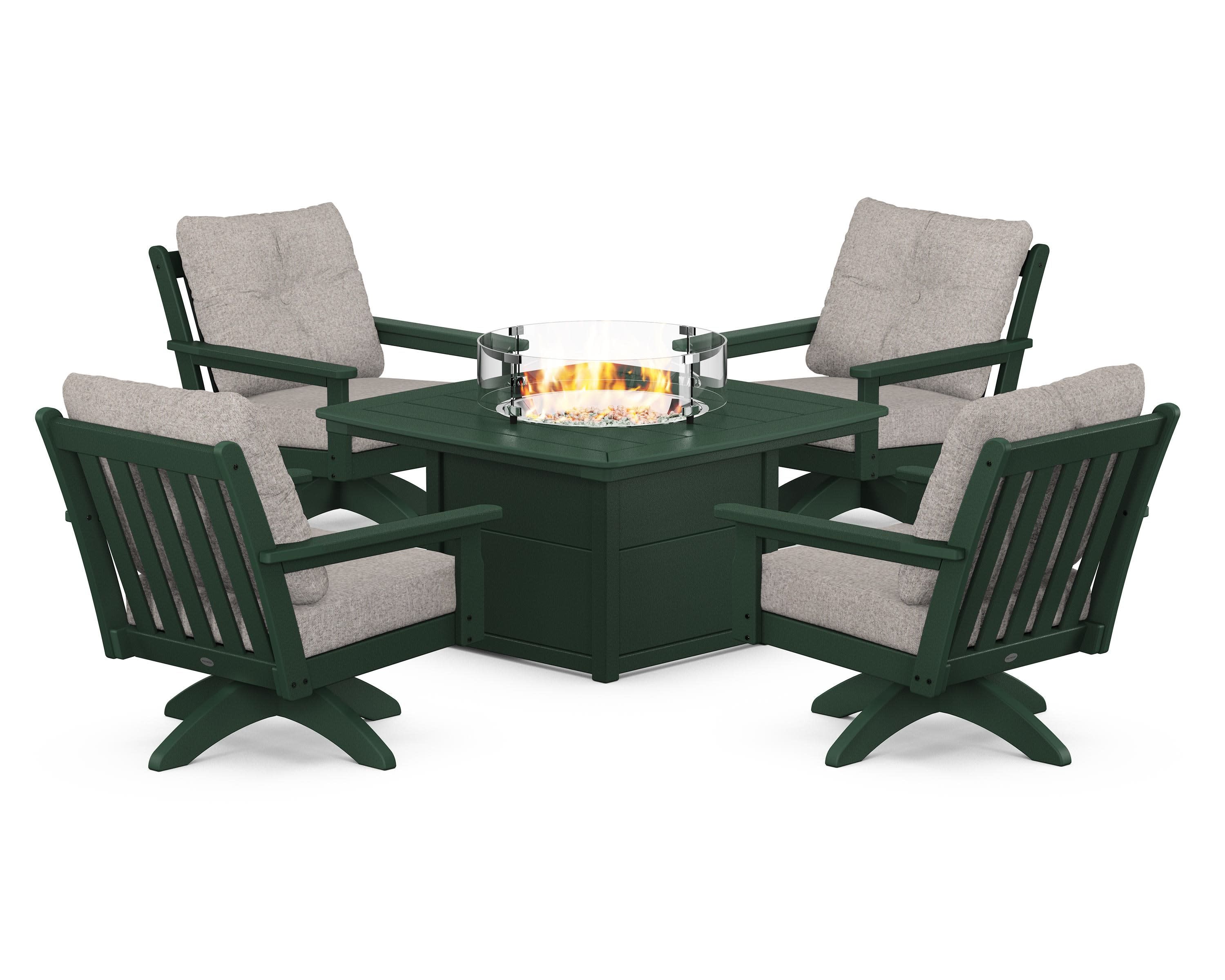 Vineyard 5-Piece Deep Seating Swivel Conversation Set with Fire Pit Table in Green / Weathered Tweed