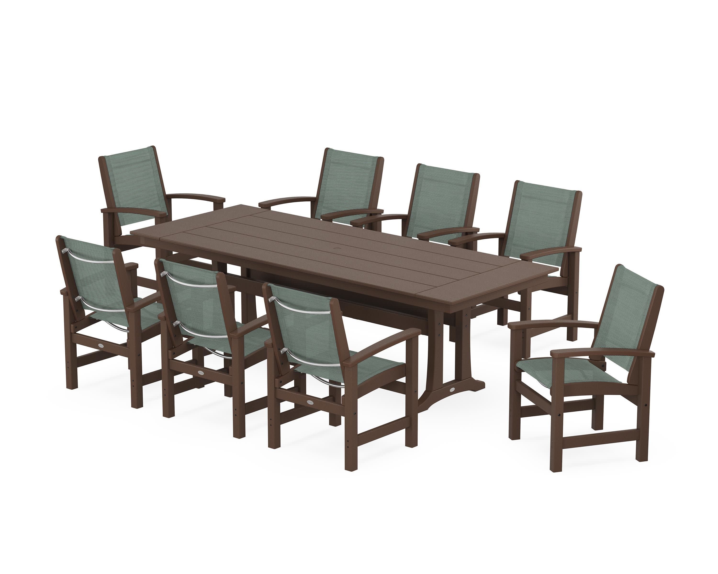 Coastal 9-Piece Farmhouse Dining Set with Trestle Legs in Mahogany / Dupioni Sea Mist Sling