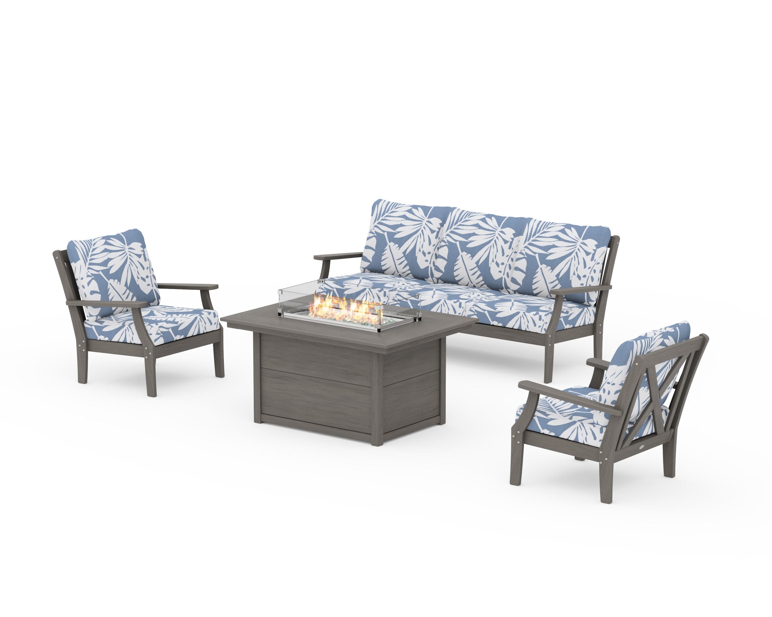 Braxton Deep Seating Fire Pit Table Set in Driftwood / Leaf Sky Blue