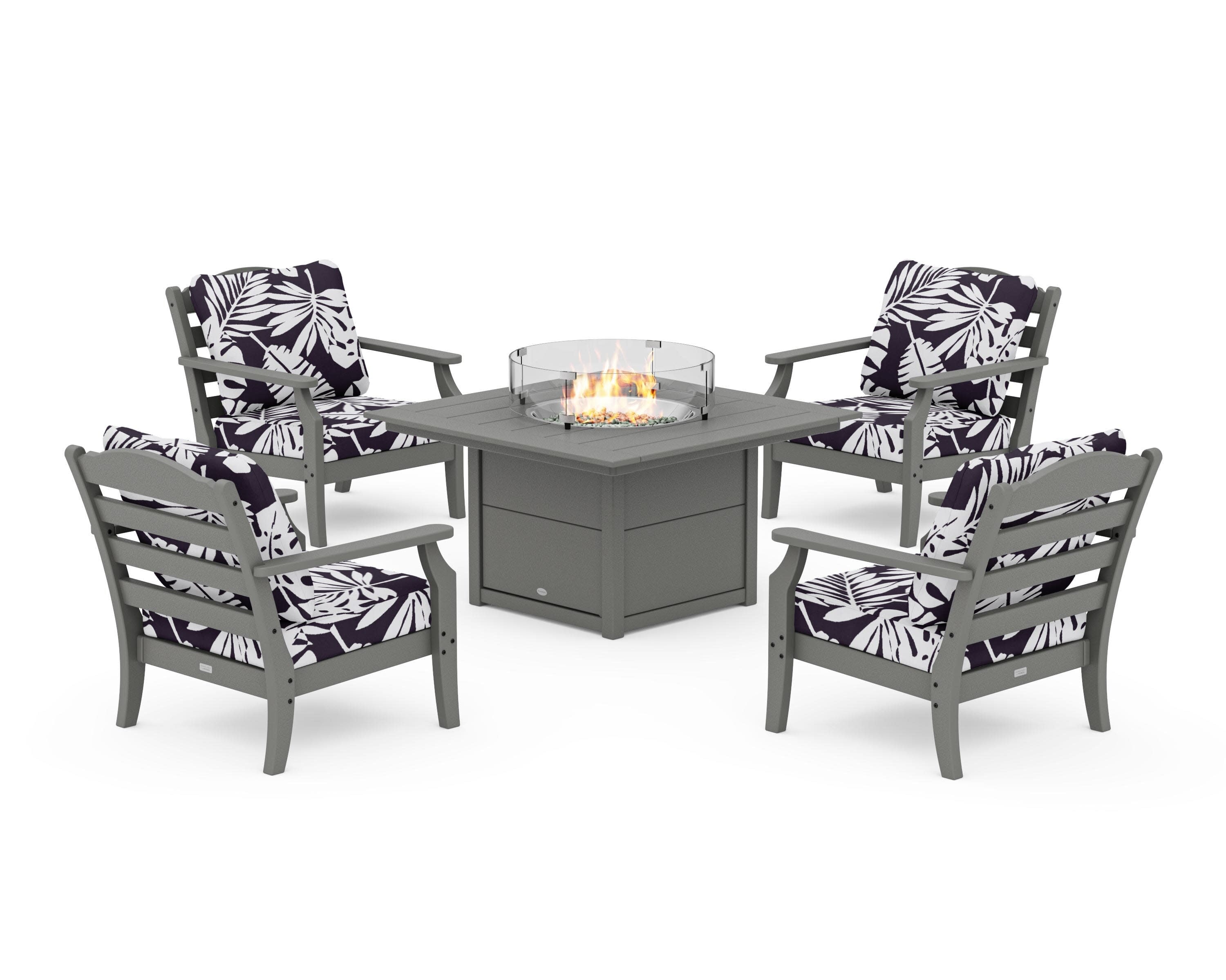 Savannah 5-Piece Deep Seating Set with Fire Pit Table in Slate Grey / Leaf Navy