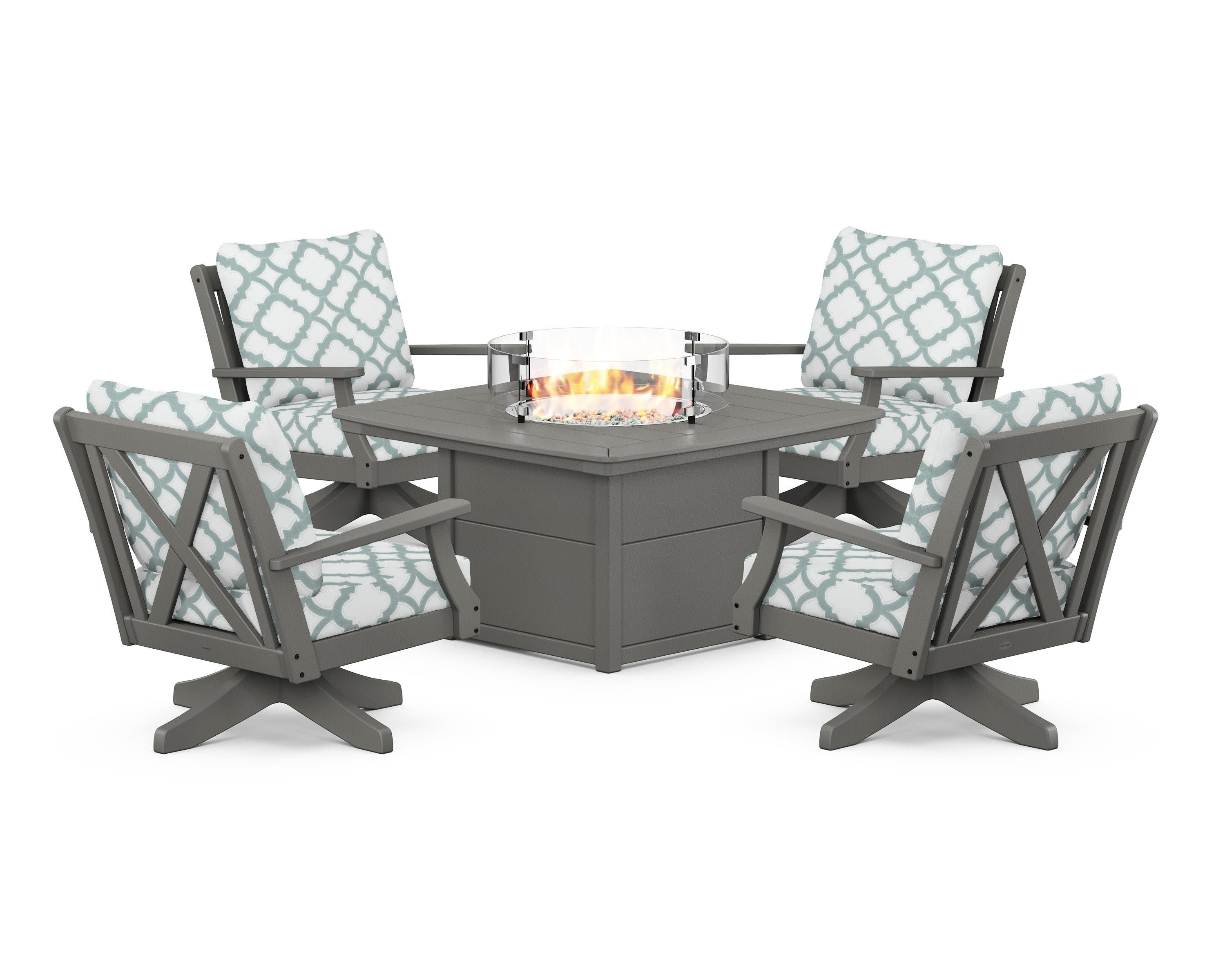 Braxton 5-Piece Deep Seating Swivel Conversation Set with Fire Pit Table in Slate Grey / Trellis Glacier Spa