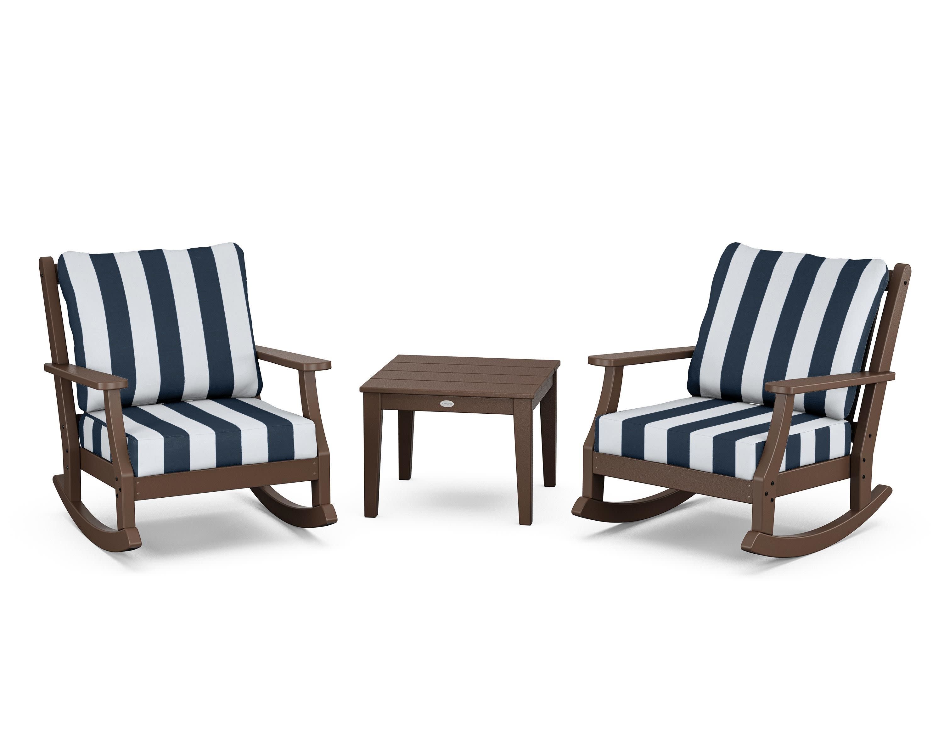 Wovendale 3-Piece Deep Seating Rocker Set in Mahogany / Cabana Stripe Marine Indigo