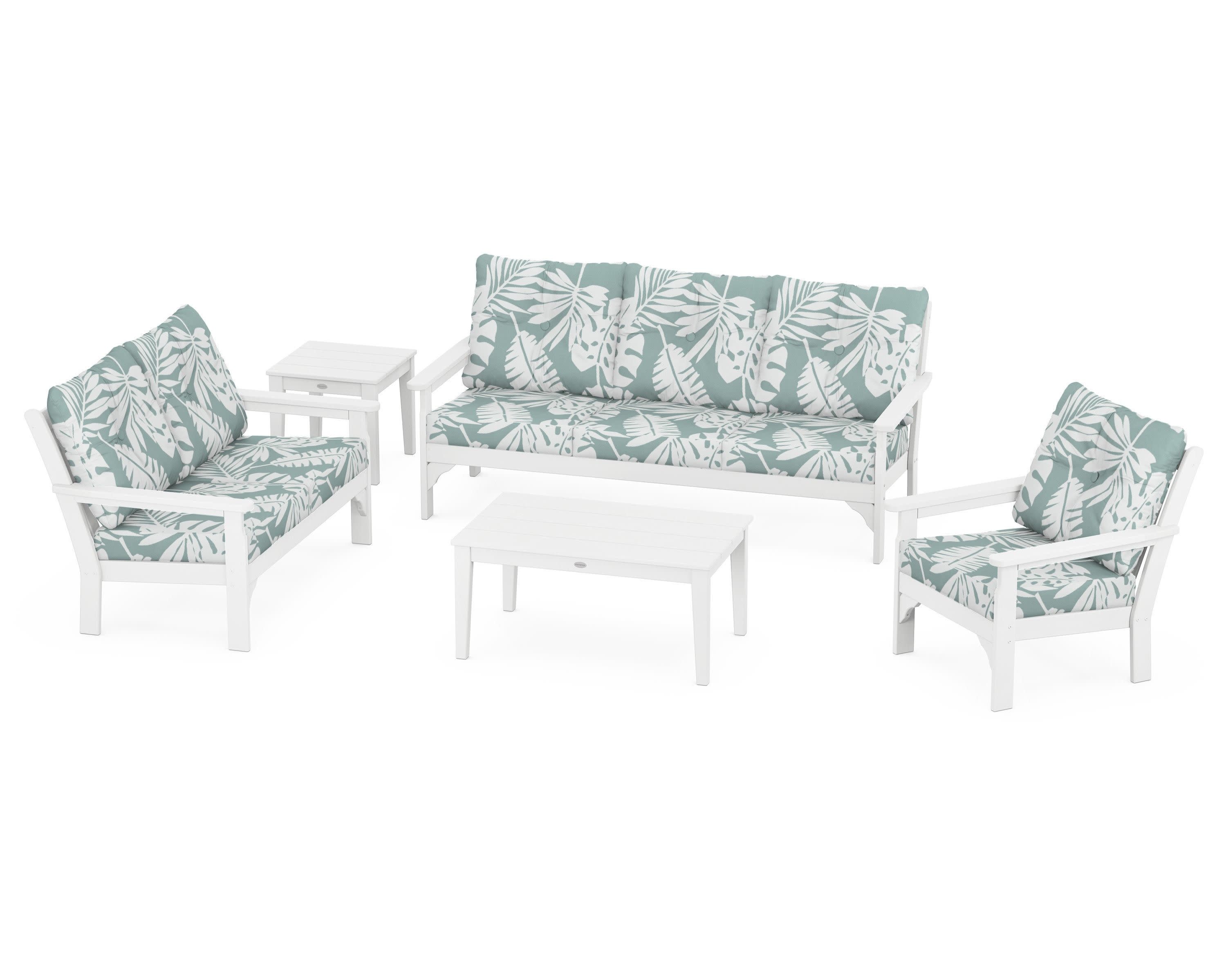 Vineyard 5 Piece Deep Seating Set in White / Leaf Glacier Spa