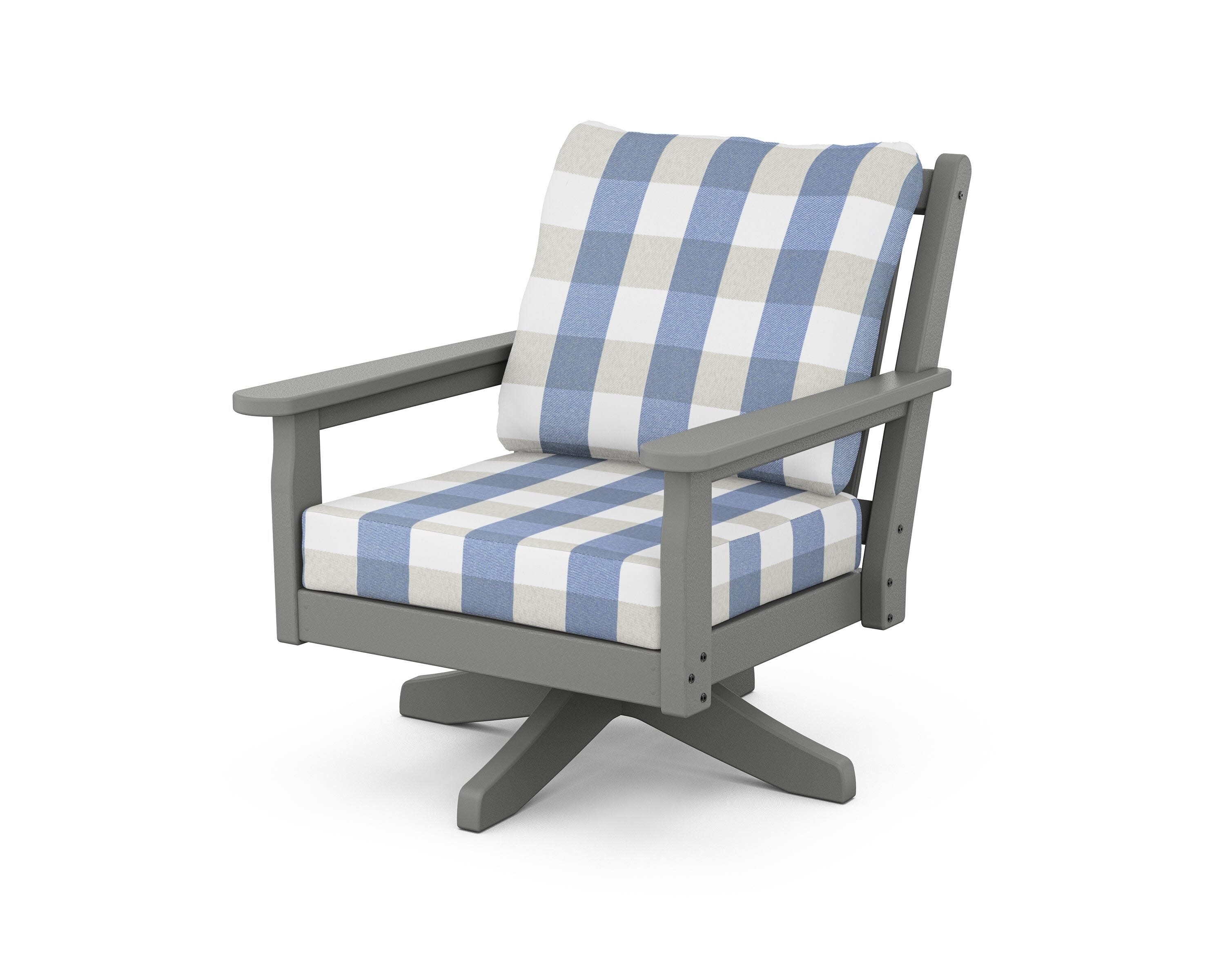 Chippendale Deep Seating Swivel Chair in Slate Grey / Buffalo Plaid Sky Blue
