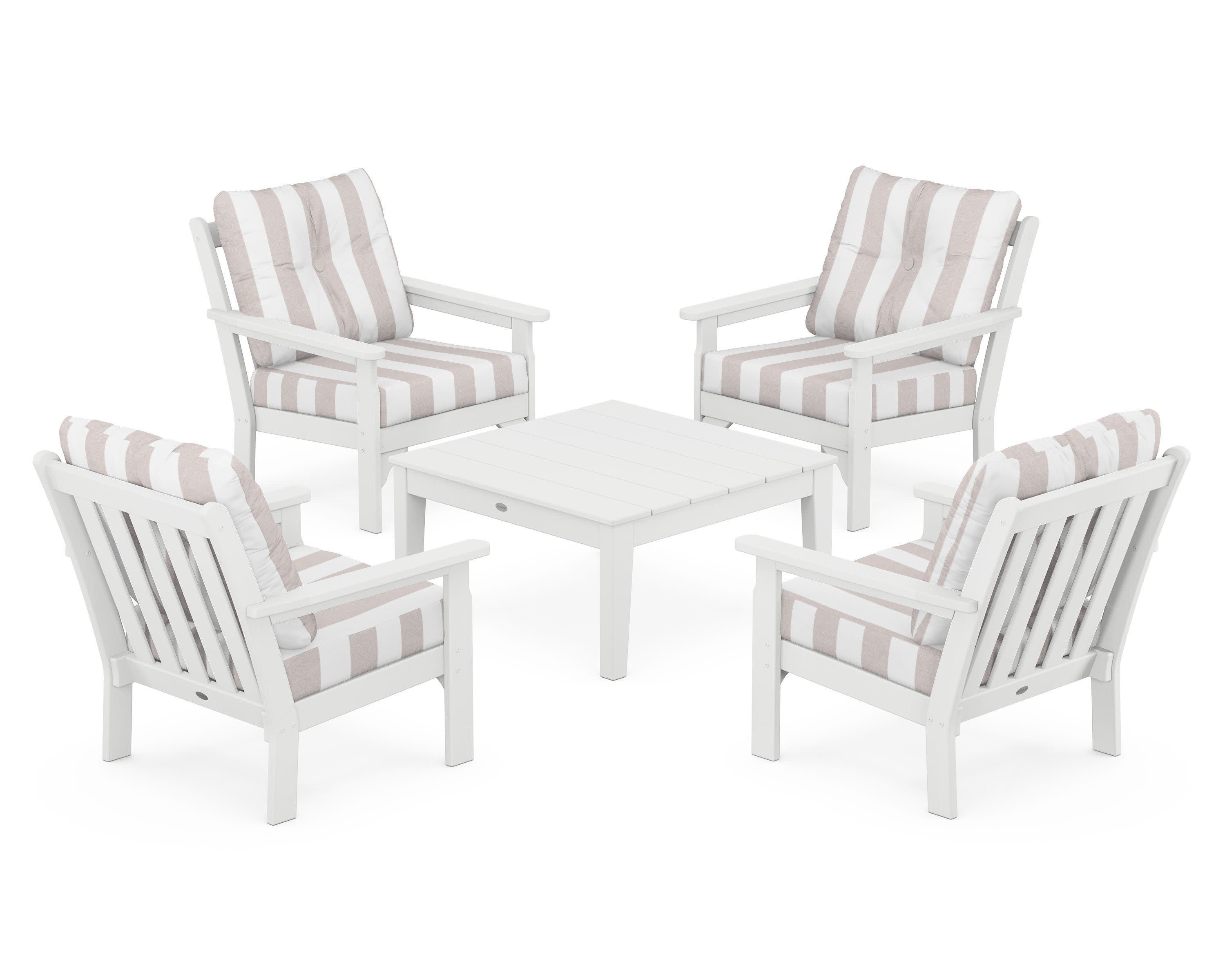 Vineyard 5-Piece Deep Seating Conversation Set in White / Cabana Stripe Dune Burlap