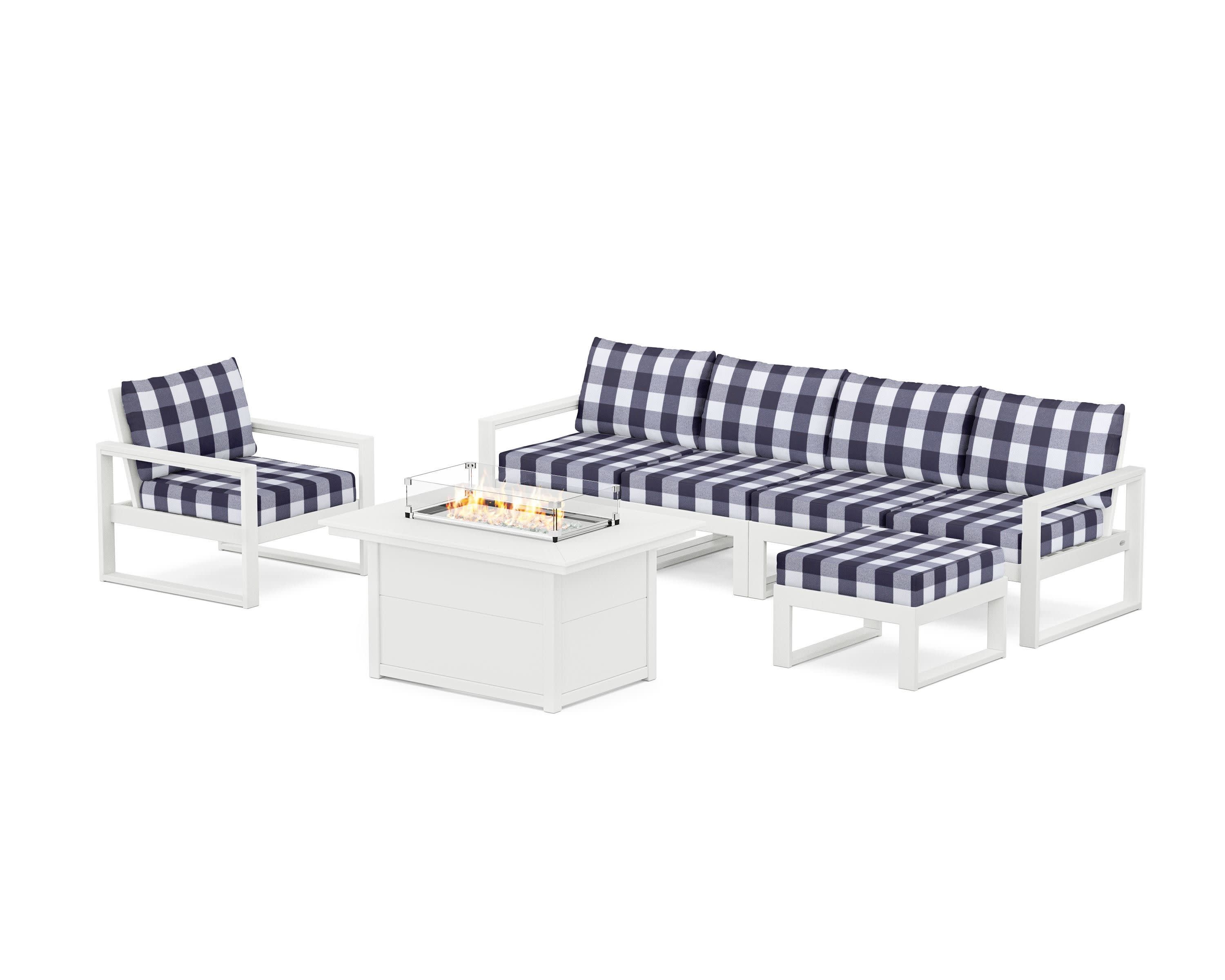 EDGE Sectional Lounge and Fire Pit Set in White / Buffalo Plaid Navy