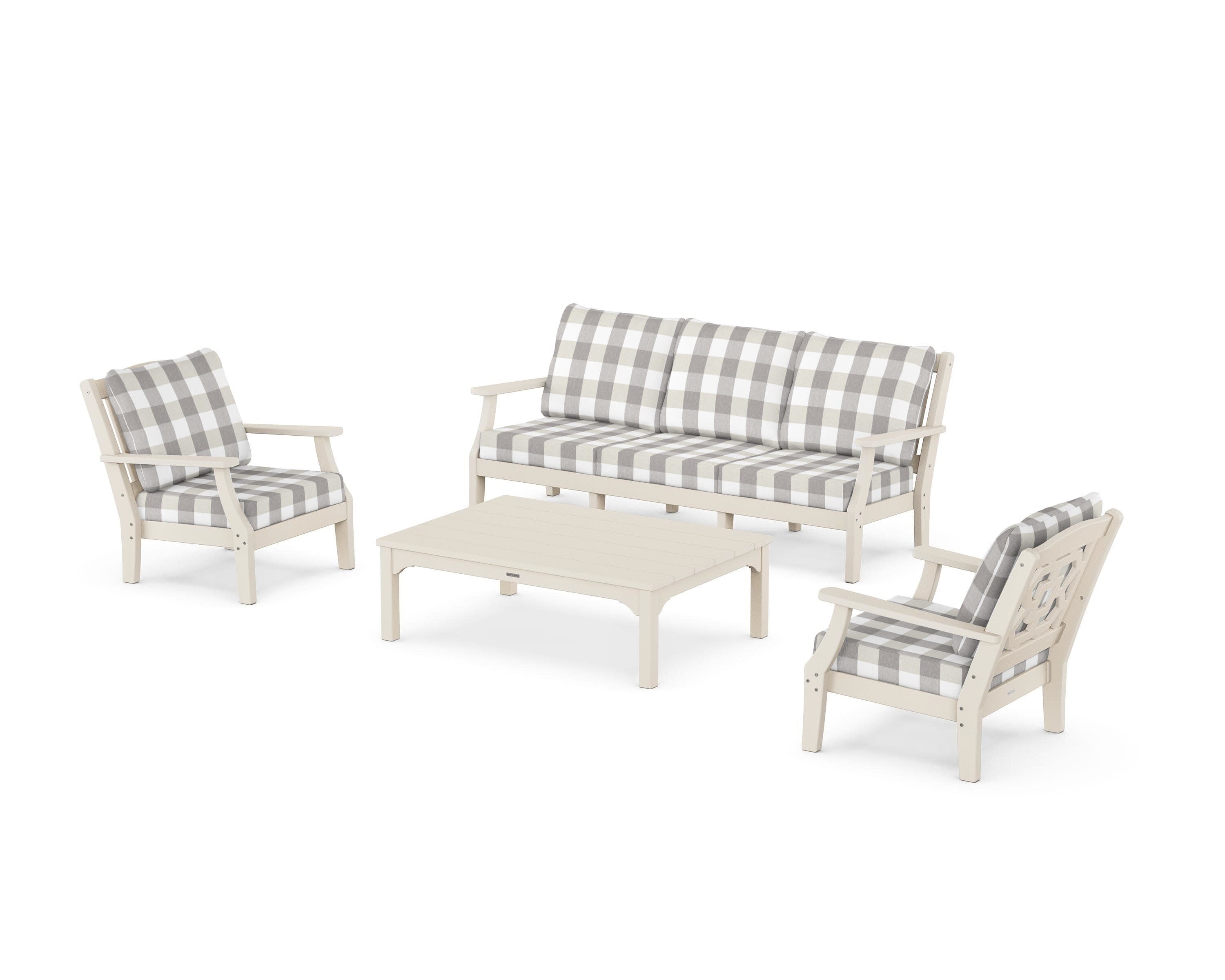 Chinoiserie 4-Piece Deep Seating Set with Sofa in Sand / Buffalo Plaid Grey Mist
