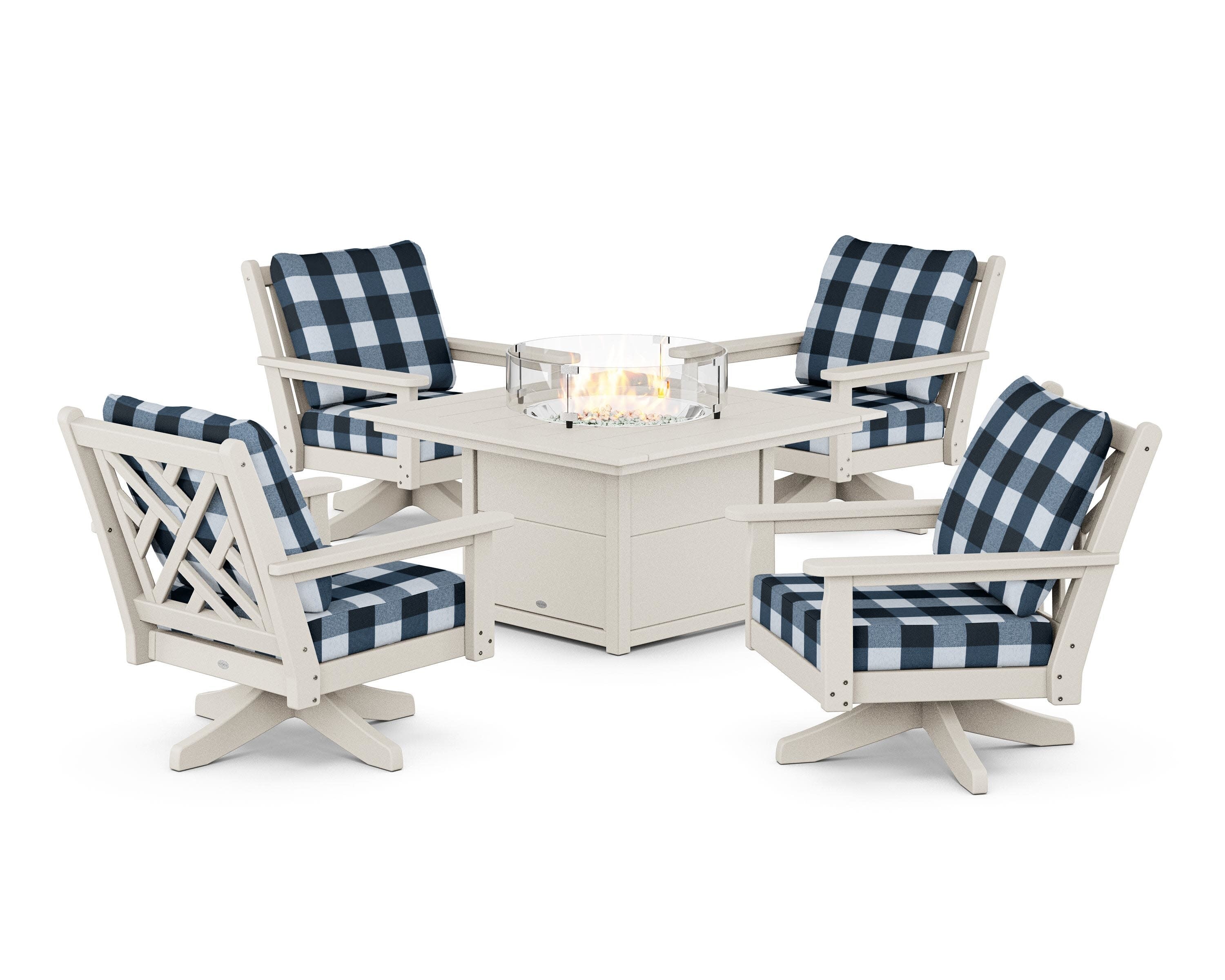 Chippendale 5-Piece Deep Seating Swivel Conversation Set with Fire Pit Table in Sand / Buffalo Plaid Marine Indigo