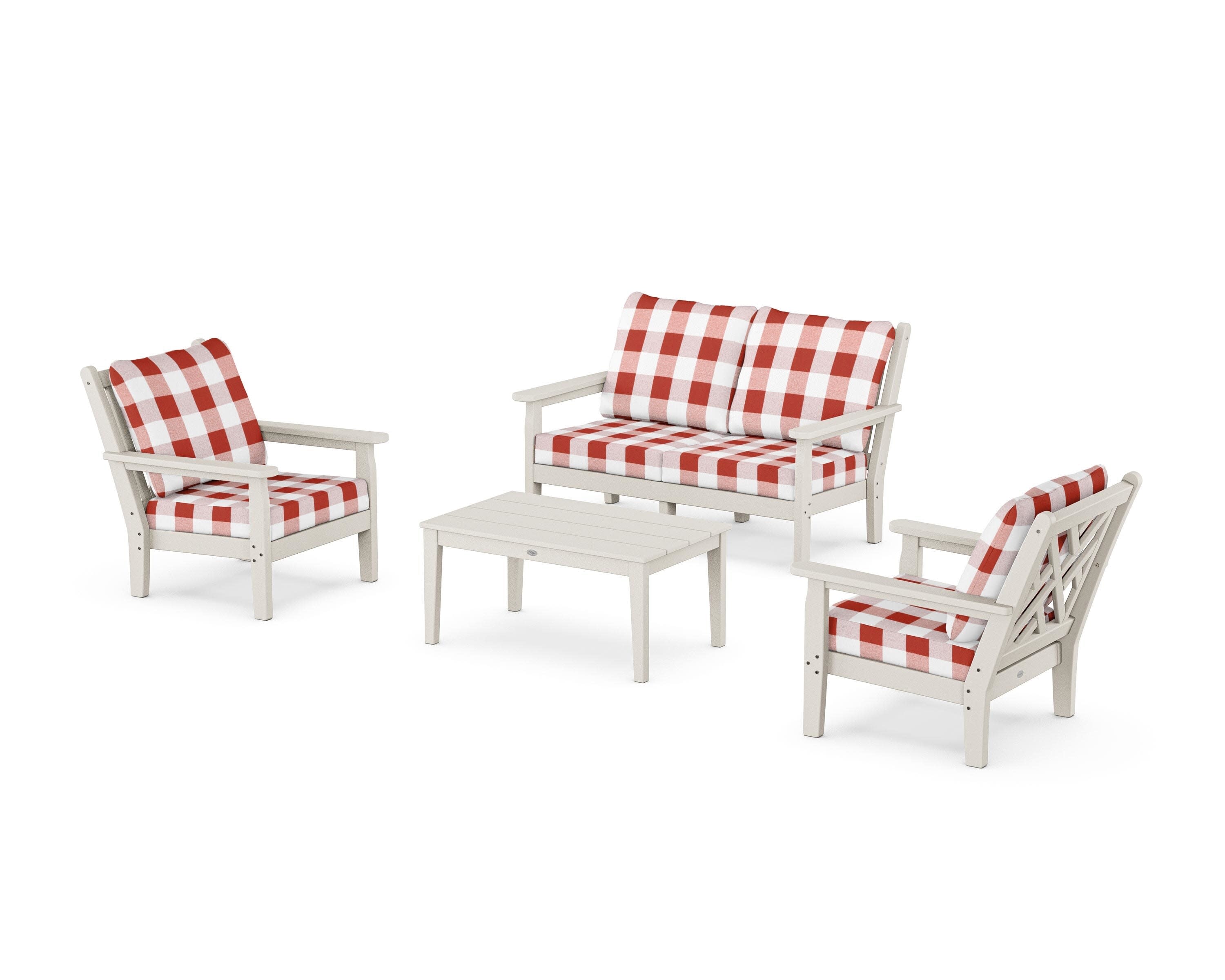 Chippendale 4-Piece Deep Seating Set with Loveseat in Sand / Buffalo Plaid Crimson