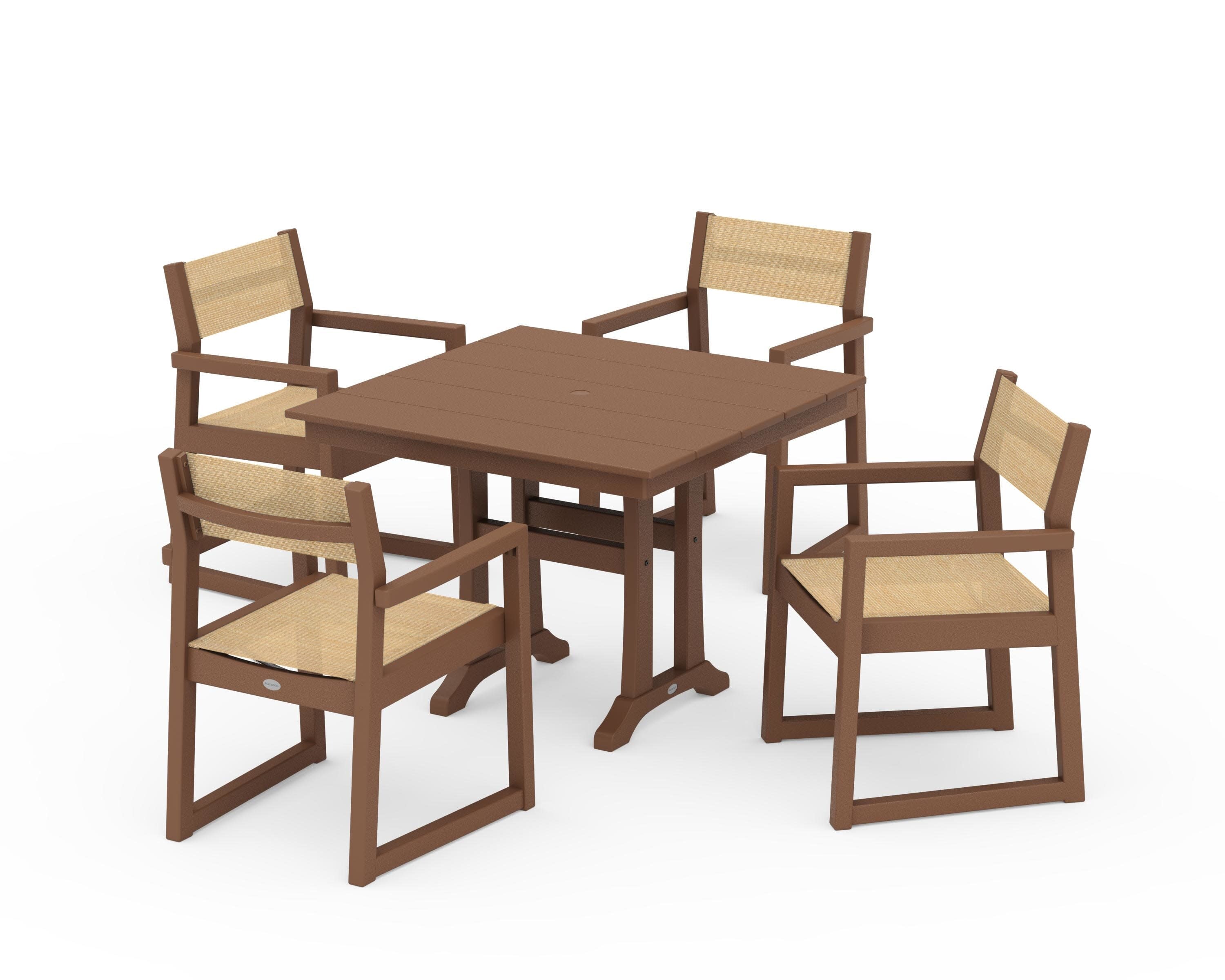 EDGE Sling 5-Piece Farmhouse Dining Set with Trestle Legs in Teak / Dupioni Apricot Sling