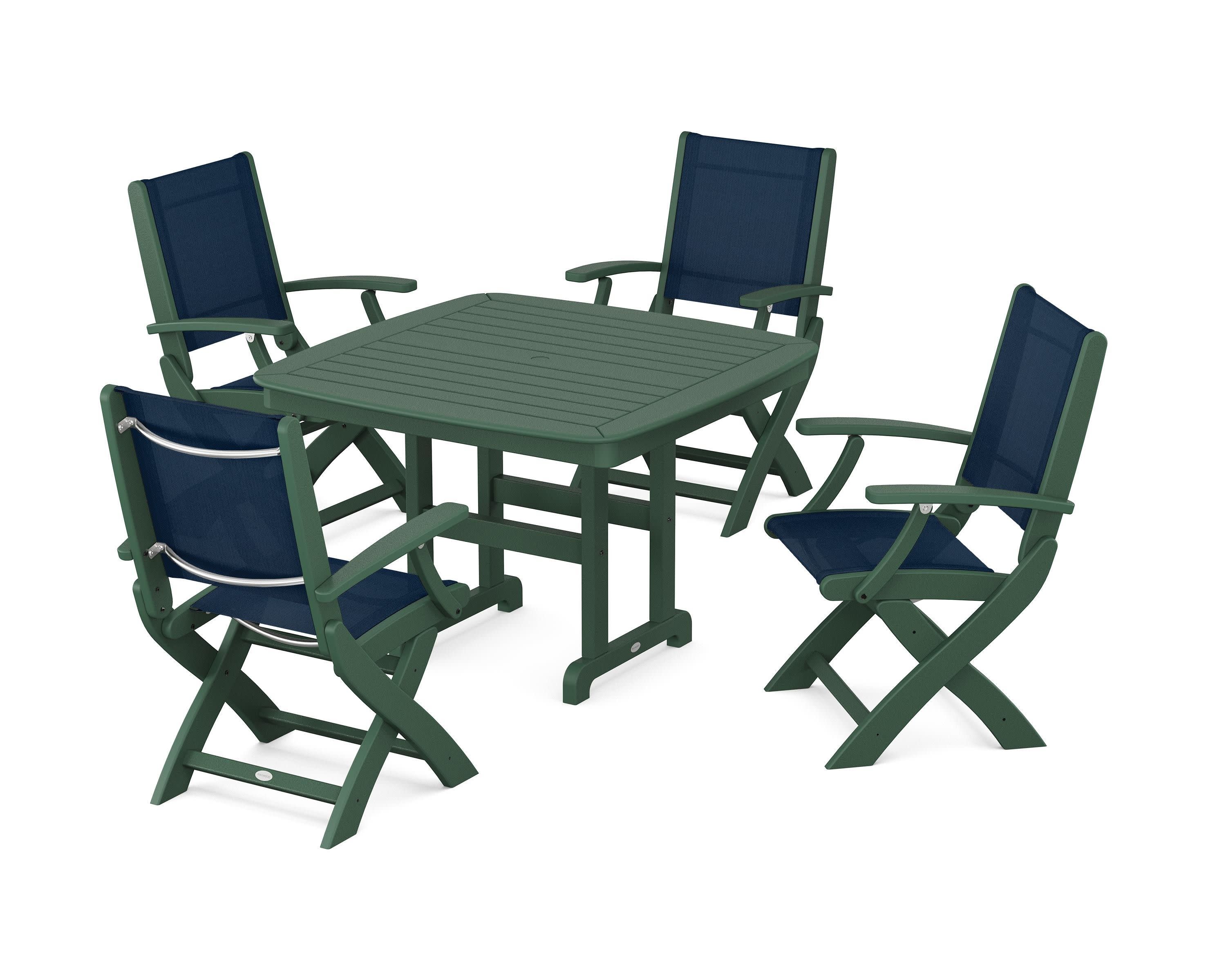 Coastal Folding Chair 5-Piece Dining Set in Green / Navy Blue Sling