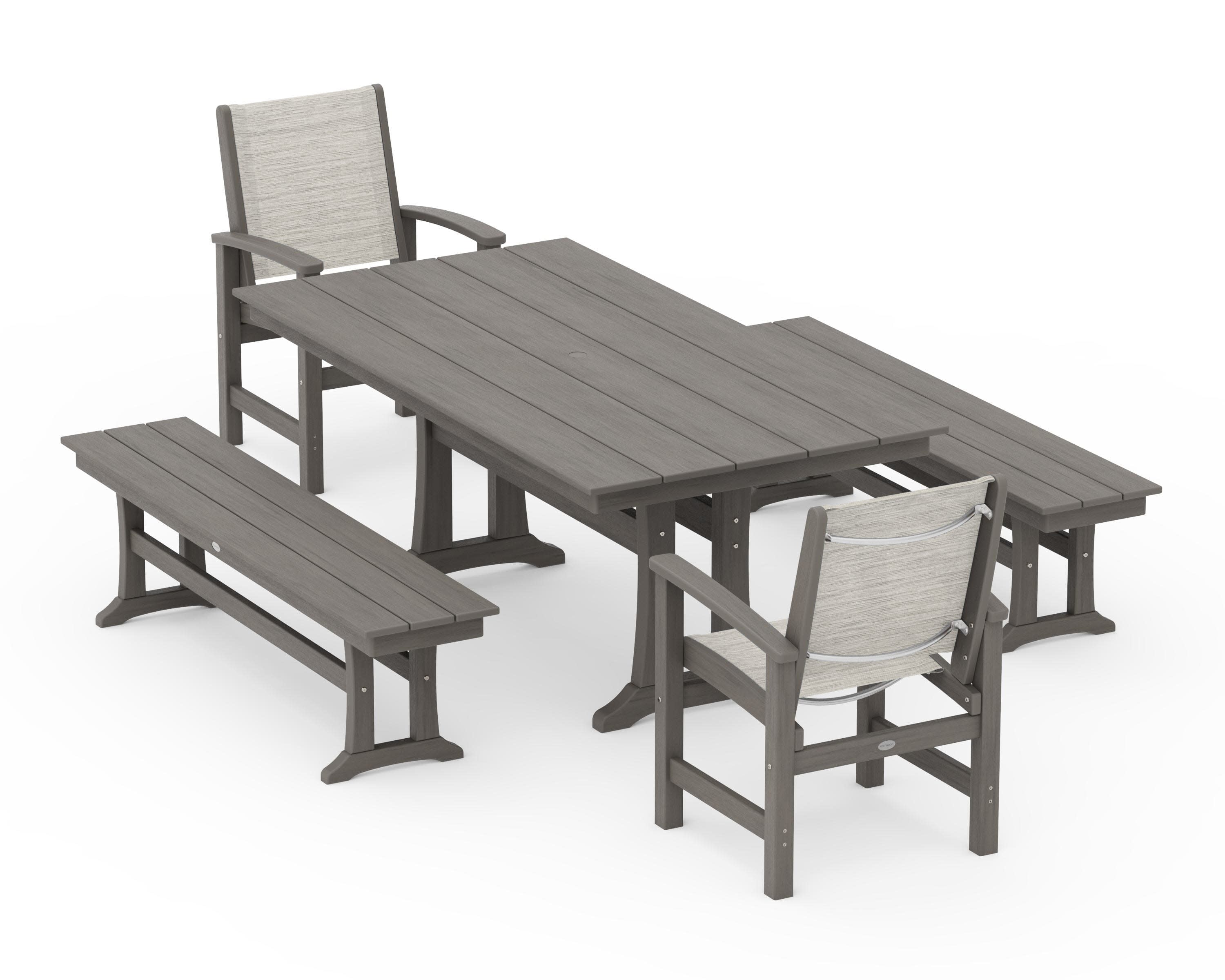 Coastal 5-Piece Farmhouse Dining Set with Trestle Legs and Benches in Driftwood / Birch Sling