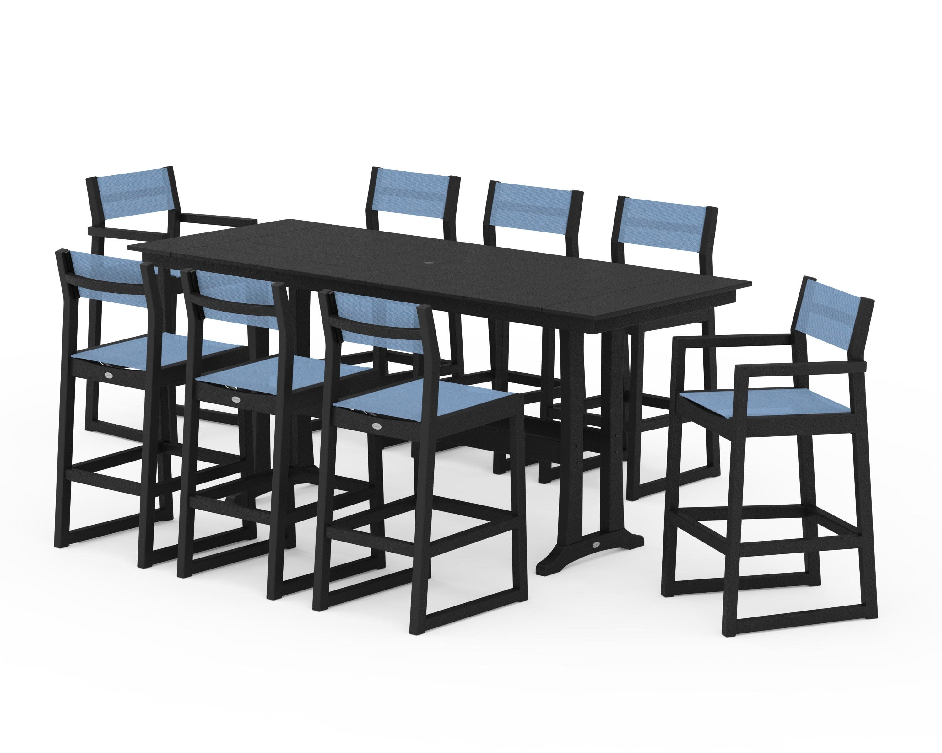 EDGE Sling 9-Piece Farmhouse Bar Set with Trestle Legs in Black / Poolside Sling