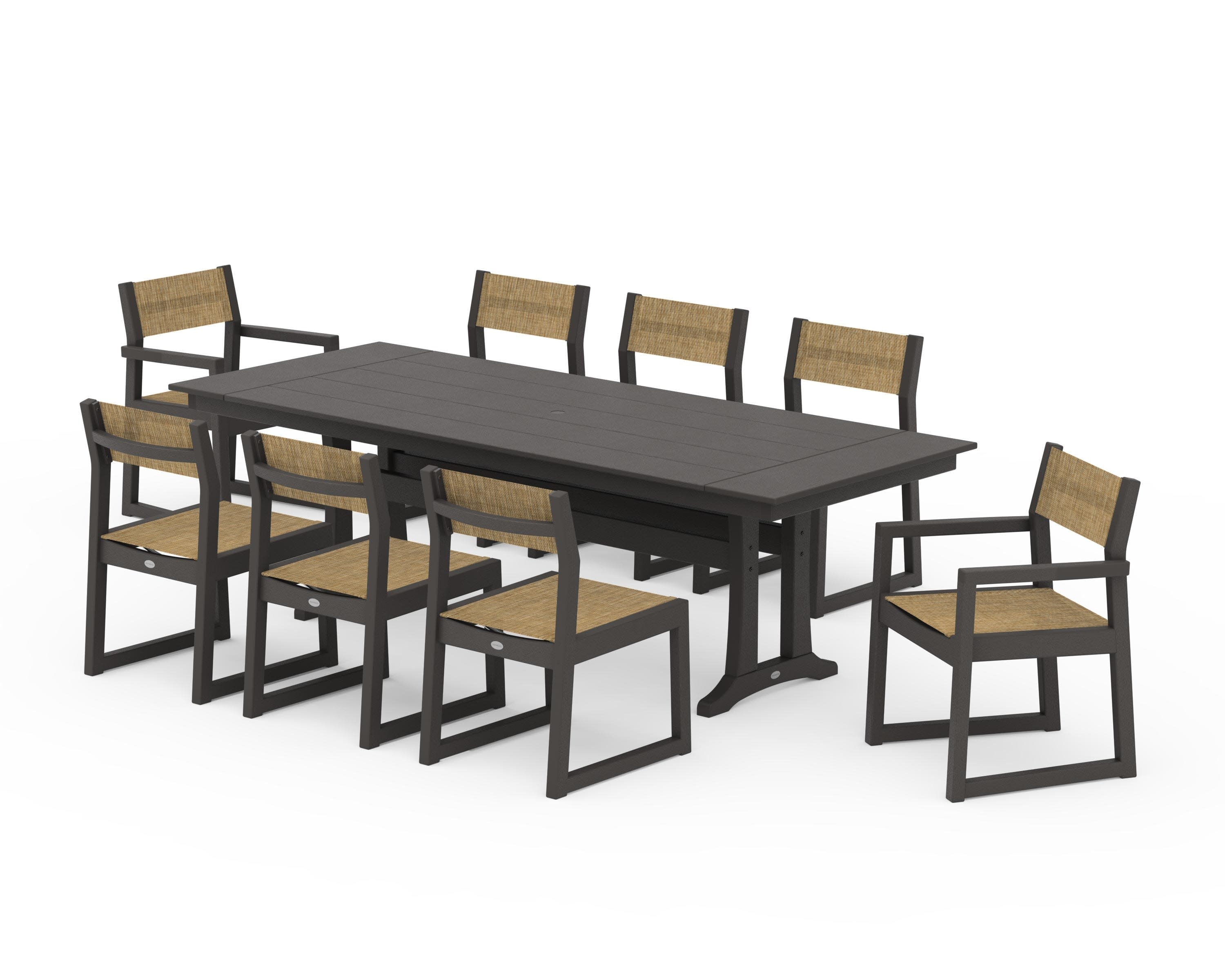 EDGE Sling 9-Piece Farmhouse Trestle Dining Set in Vintage Coffee / Burlap Sling