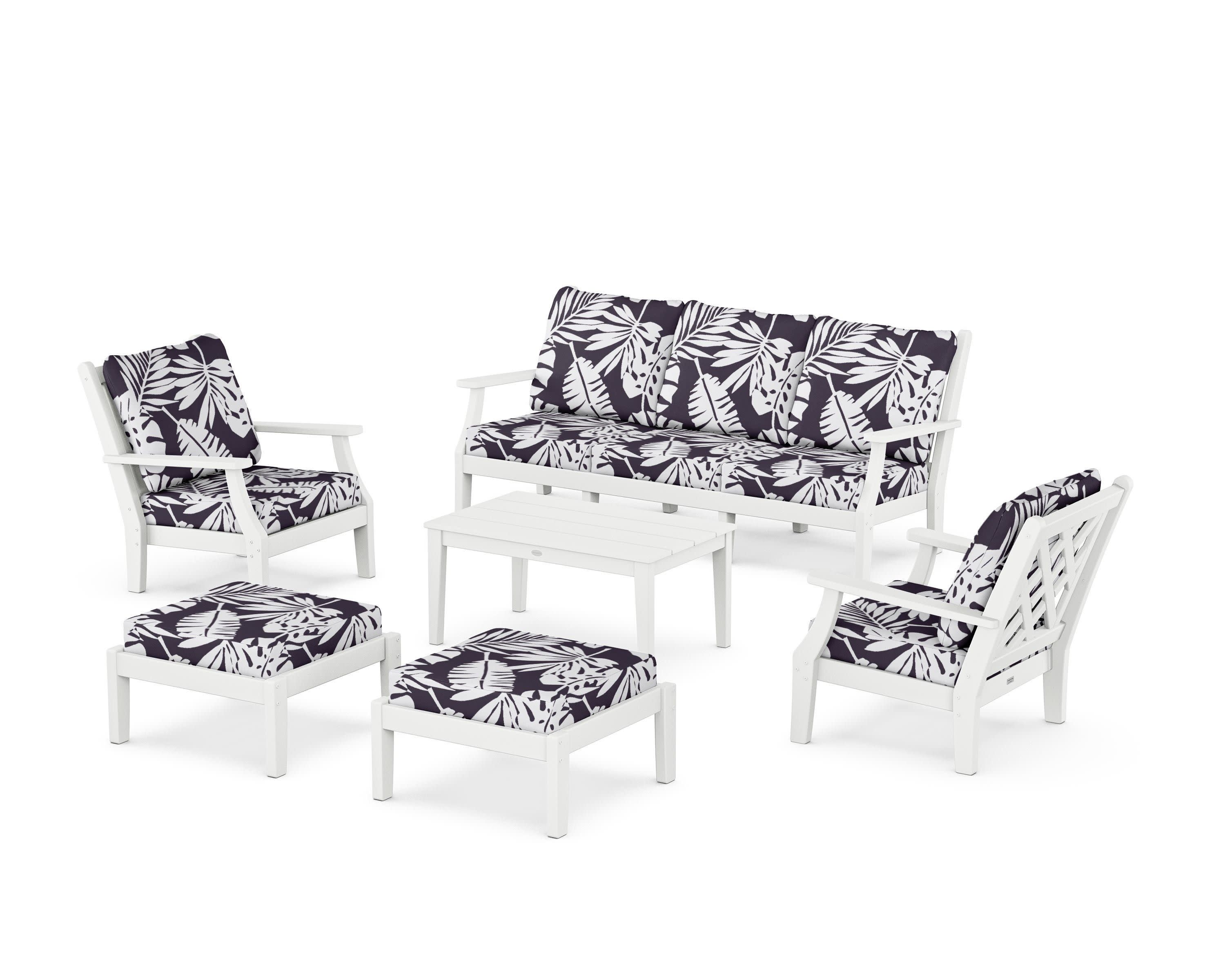 Wovendale 6-Piece Lounge Sofa Set in White / Leaf Navy