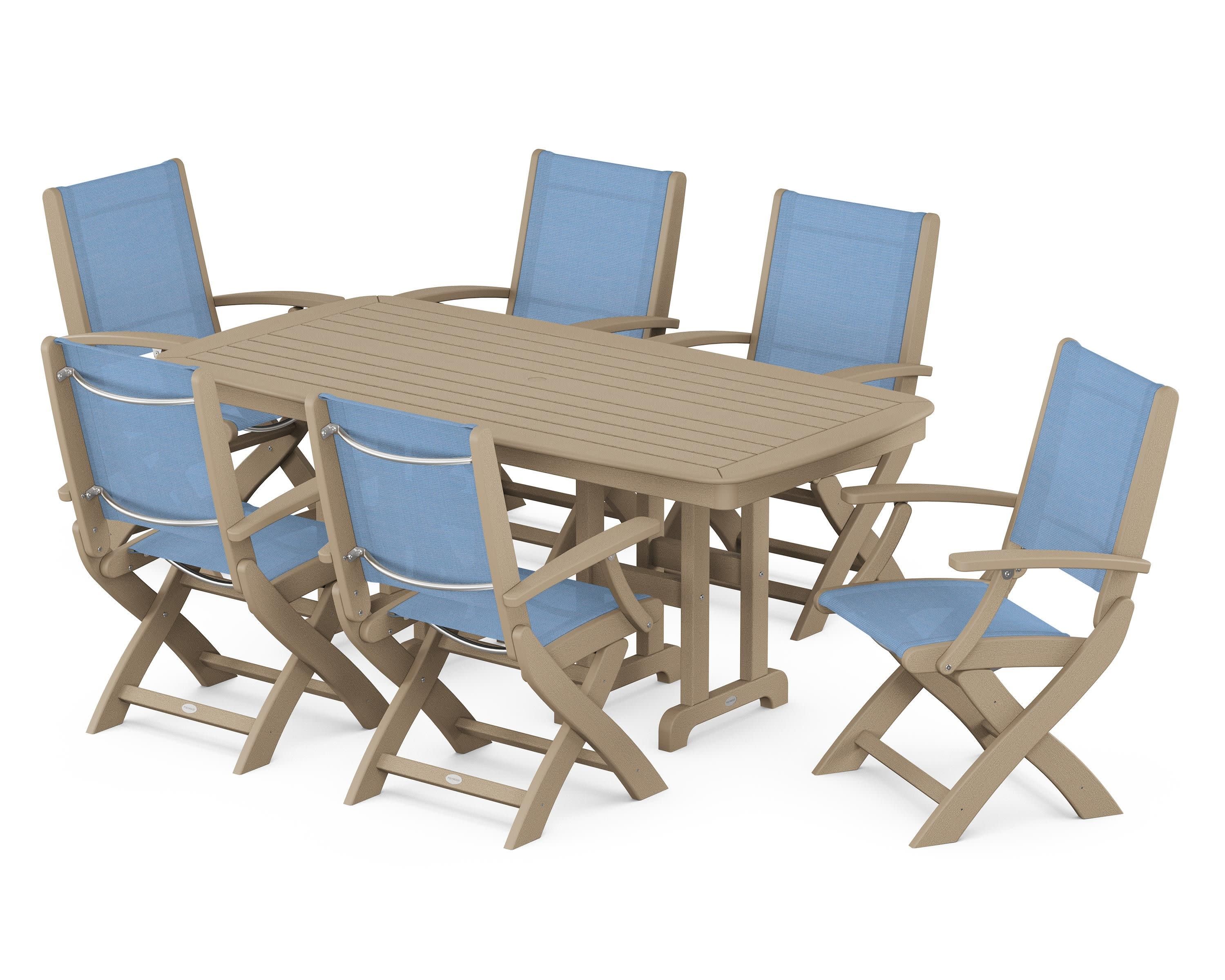 Coastal Folding Arm Chair 7-Piece Dining Set in Vintage Sahara / Poolside Sling