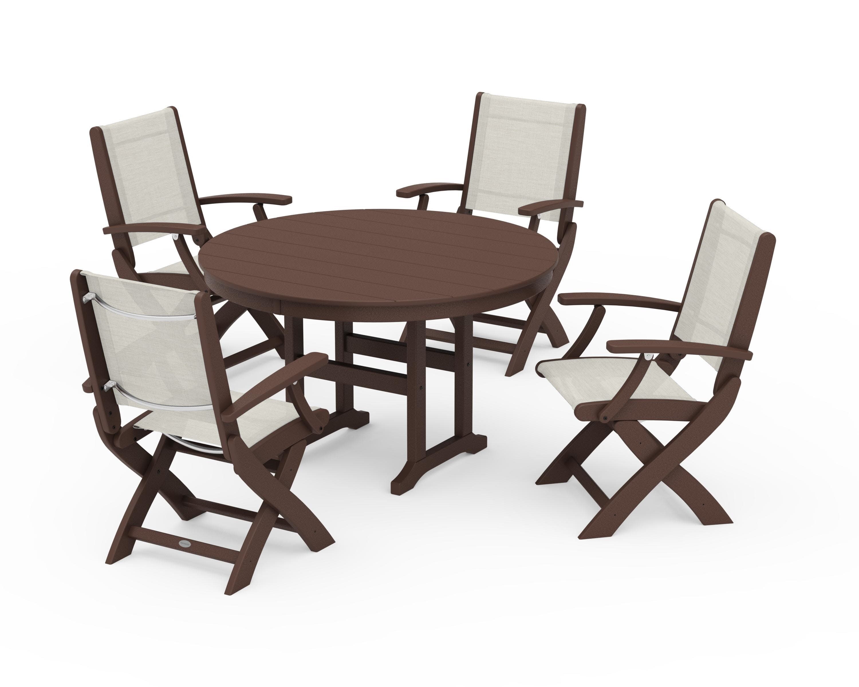 Coastal Folding Chair 5-Piece Round Dining Set in Mahogany / Parchment Sling