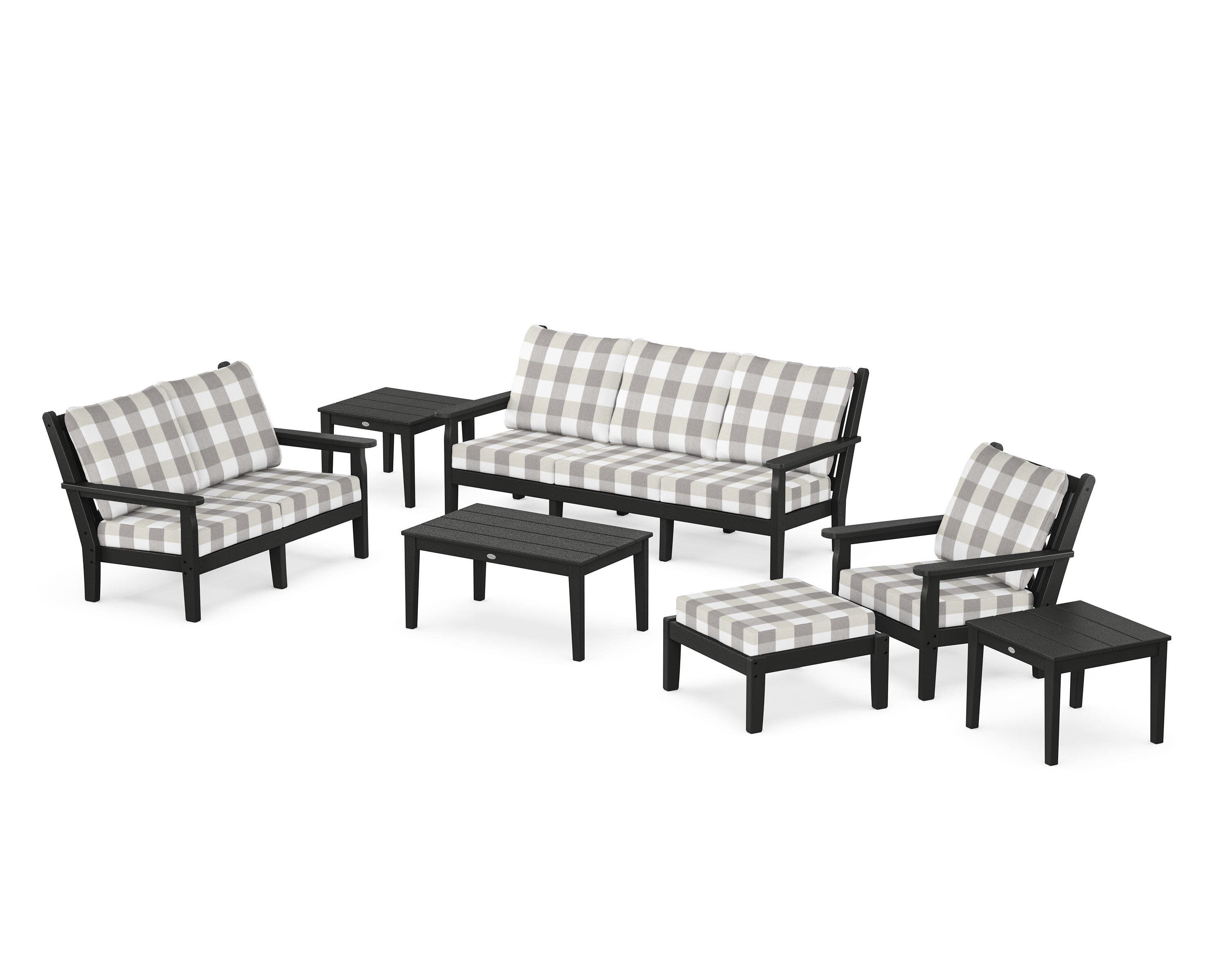 Chippendale 7-Piece Deep Seating Set in Black / Buffalo Plaid Grey Mist