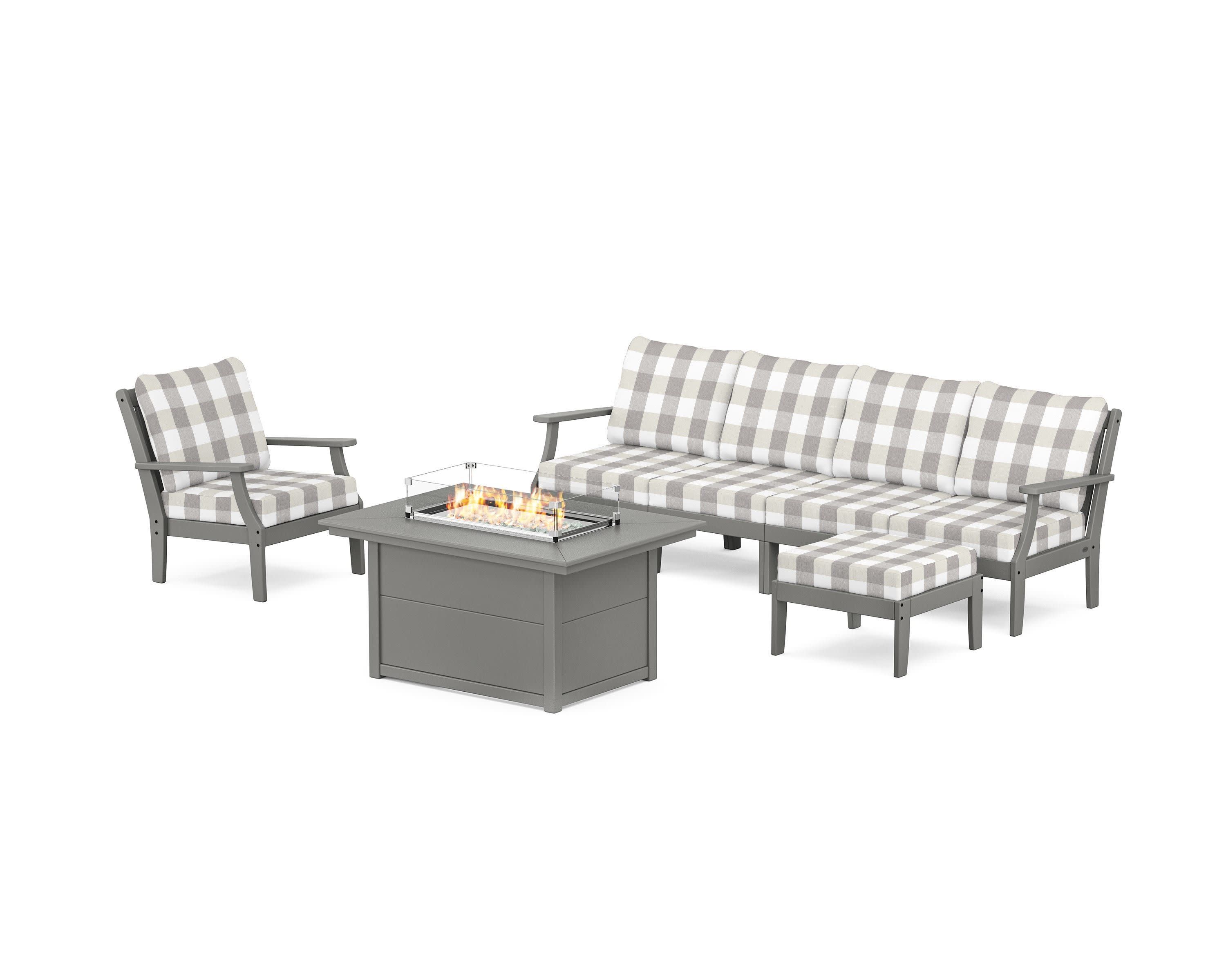 Braxton Sectional Lounge and Fire Pit Set in Slate Grey / Buffalo Plaid Grey Mist