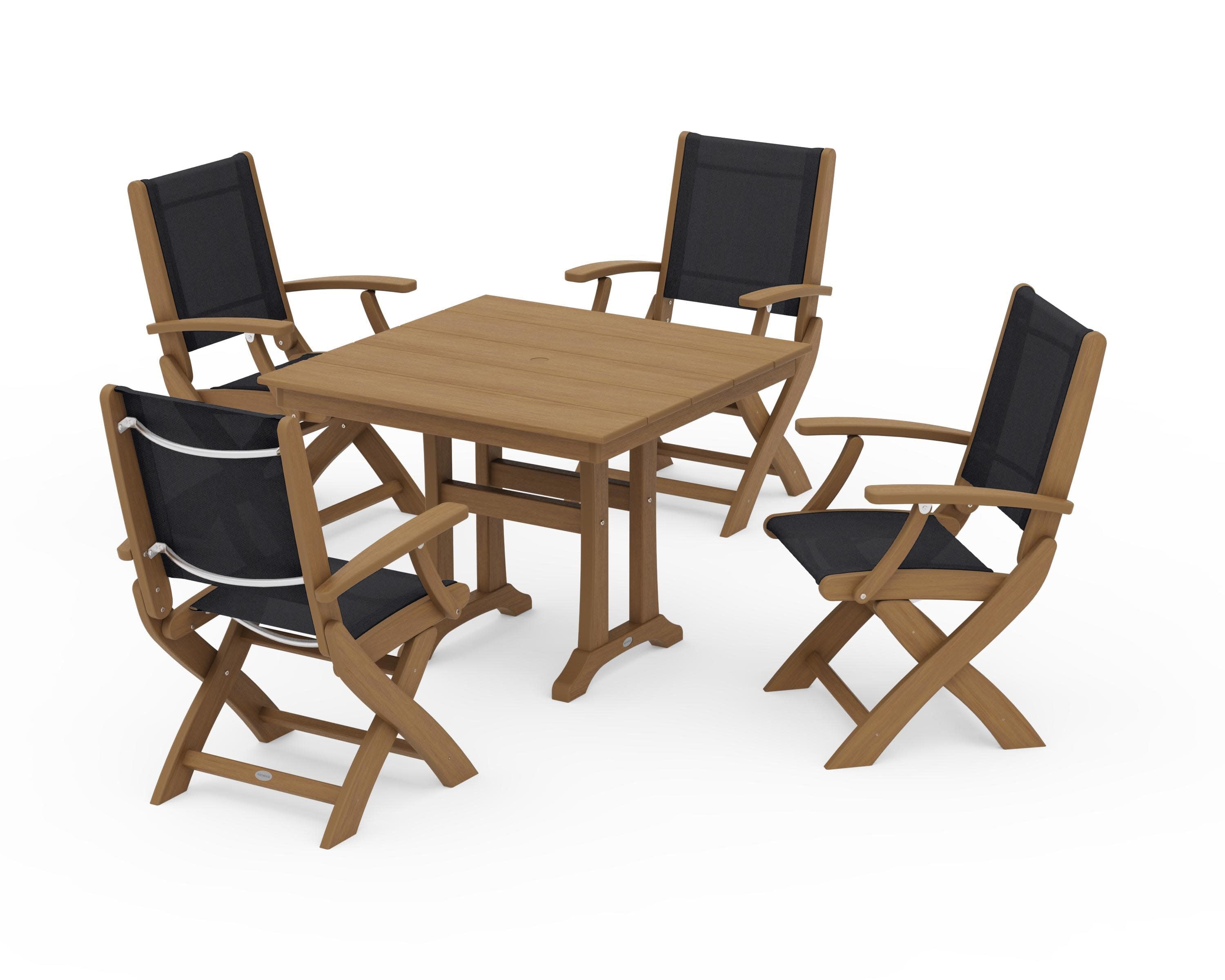 Coastal Folding Chair 5-Piece Farmhouse Dining Set With Trestle Legs in Natural / Black Sling