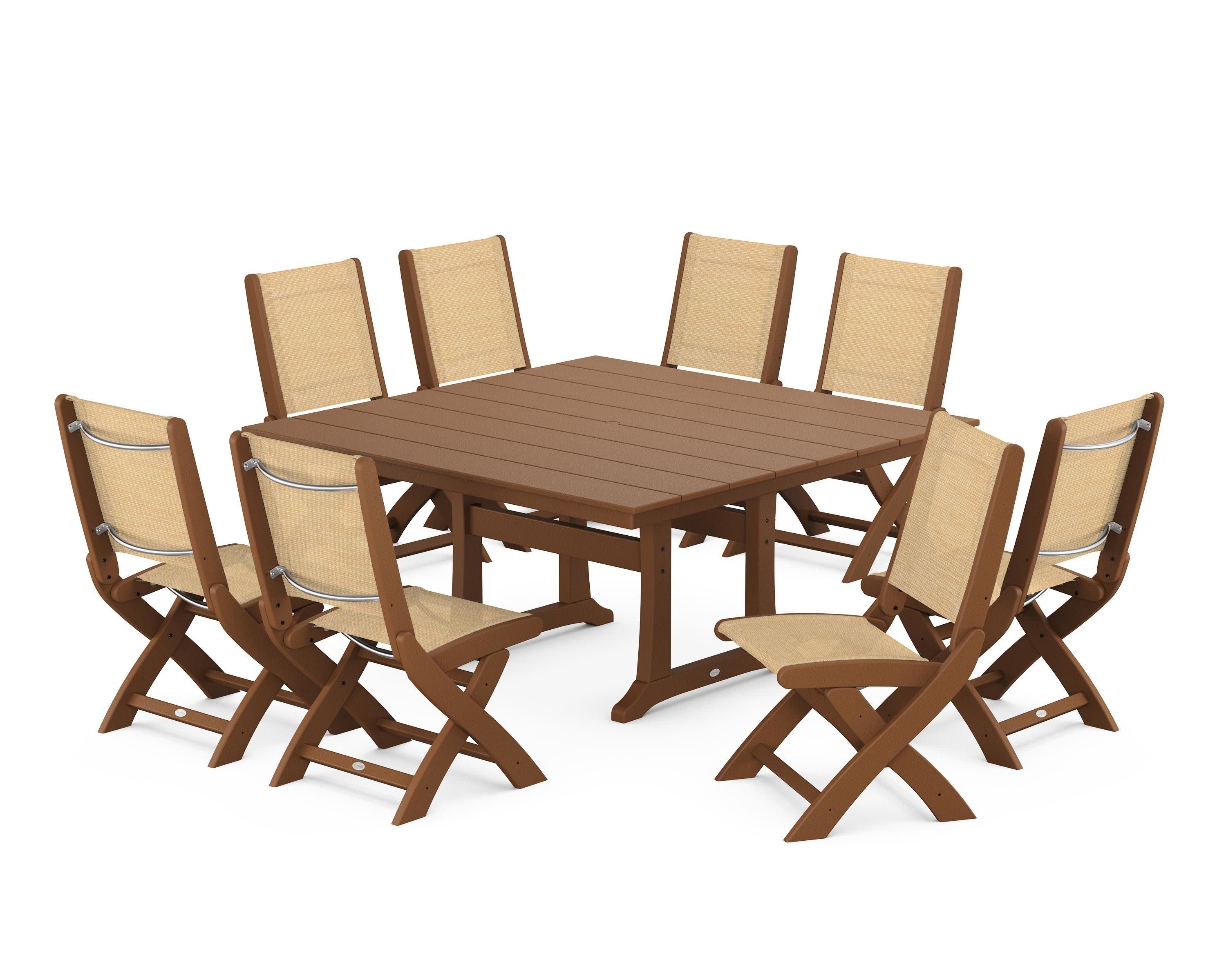 Coastal Folding Side Chair 9-Piece Farmhouse Dining Set in Teak / Dupioni Apricot Sling