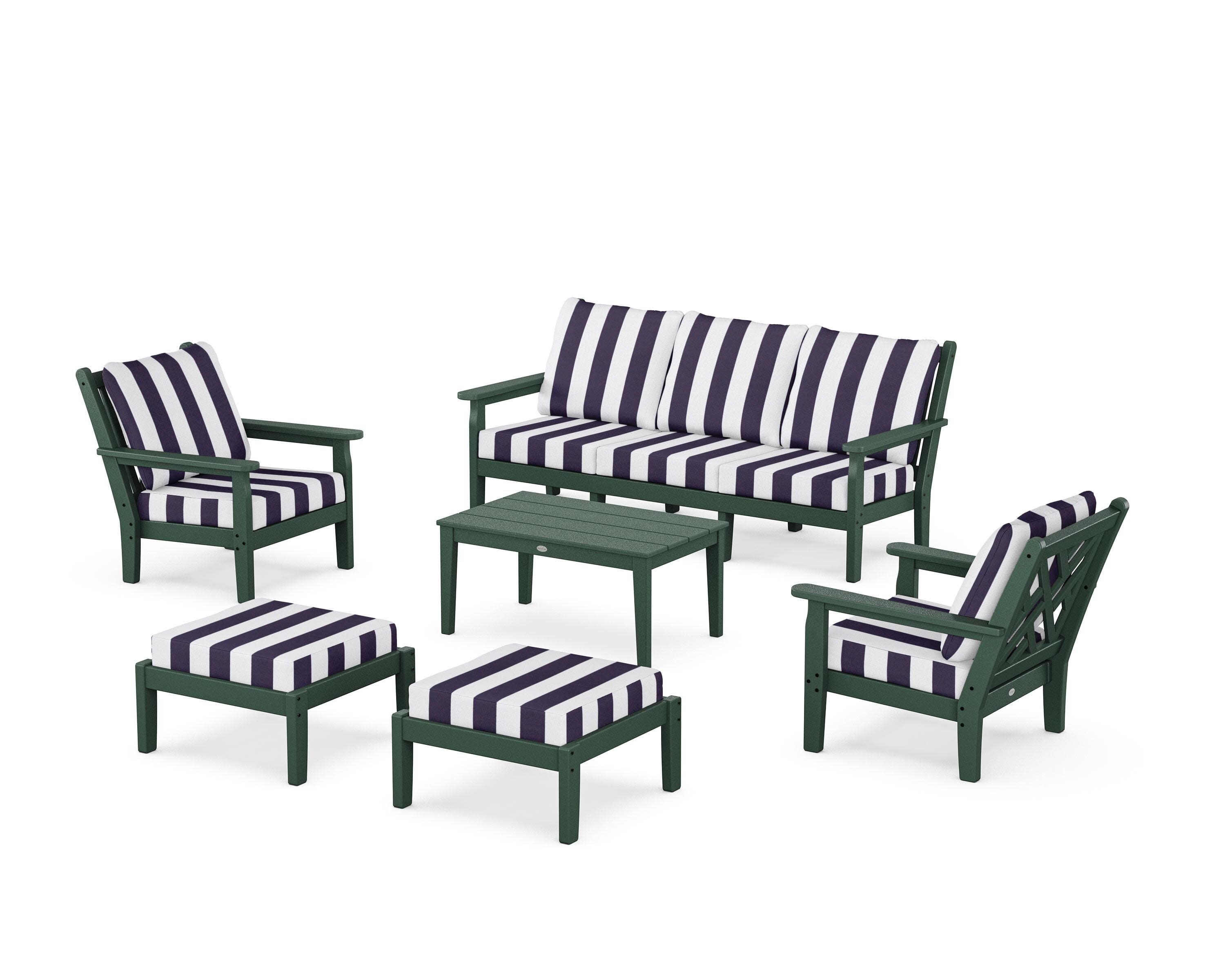 Chippendale 6-Piece Lounge Sofa Set in Green / Cabana Stripe Navy