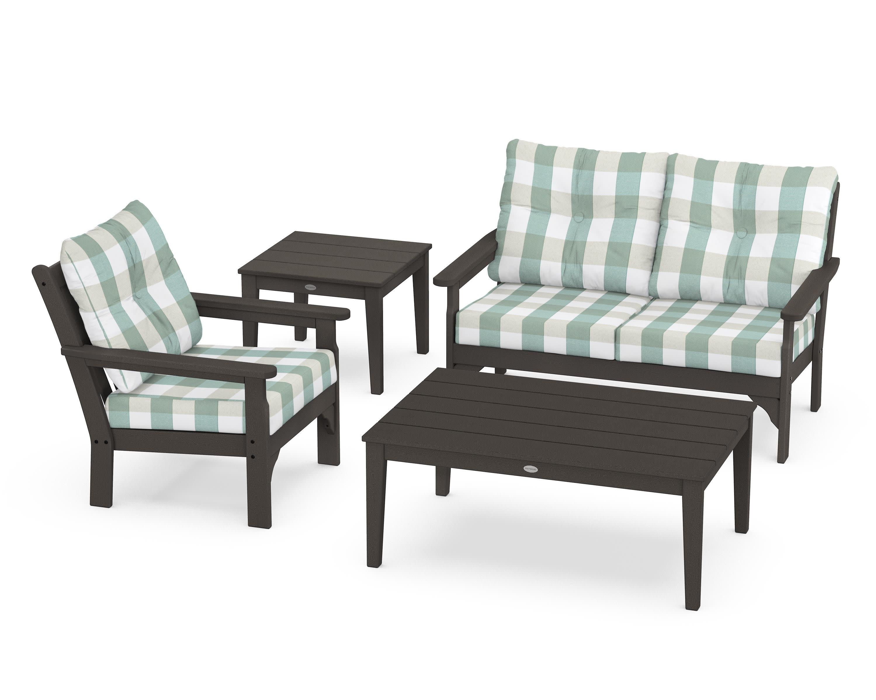 Vineyard 4-Piece Deep Seating Set in Vintage Coffee / Buffalo Plaid Glacier Spa