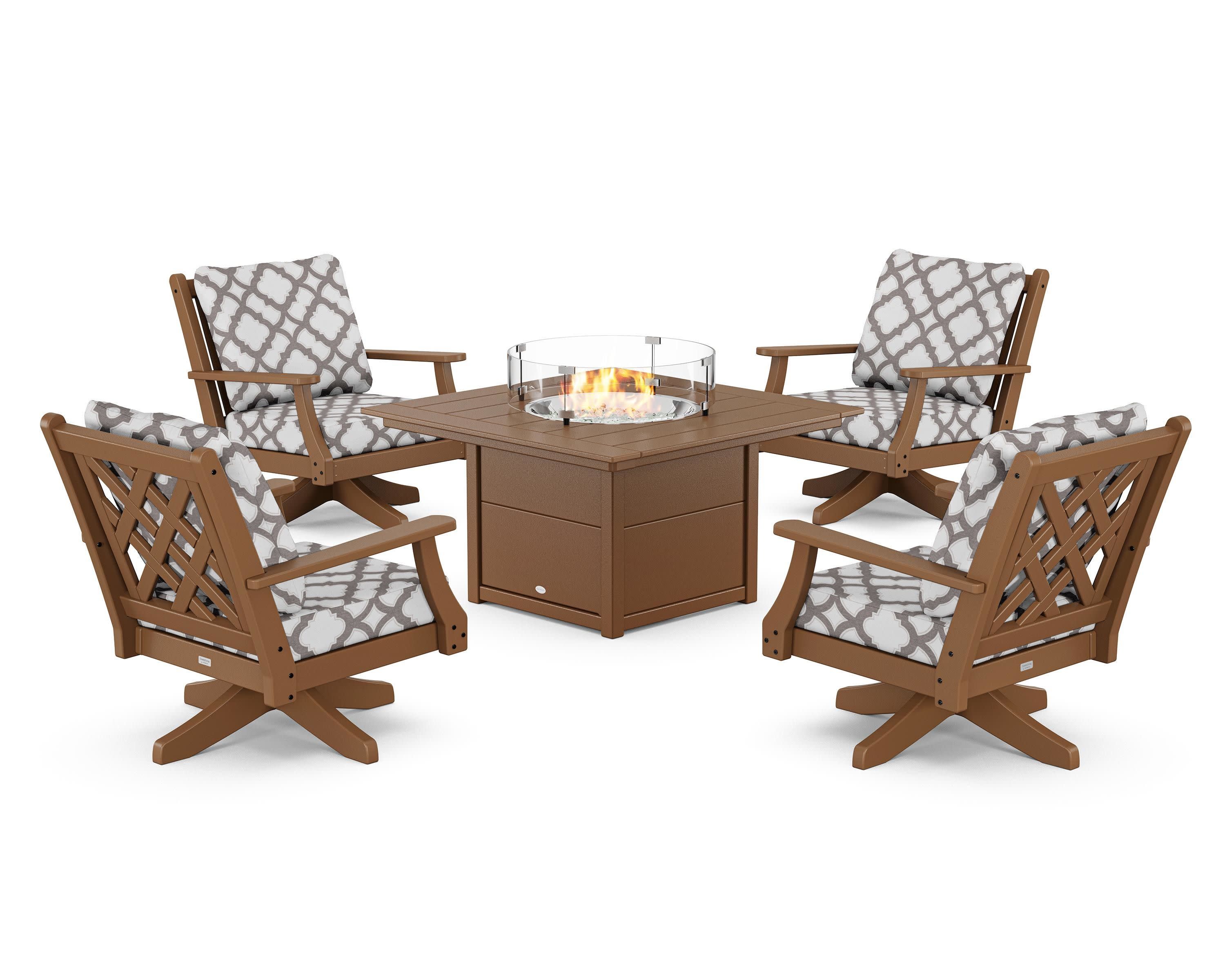 Wovendale 5-Piece Deep Seating Swivel Conversation Set with Fire Pit Table in Teak / Trellis Grey Mist