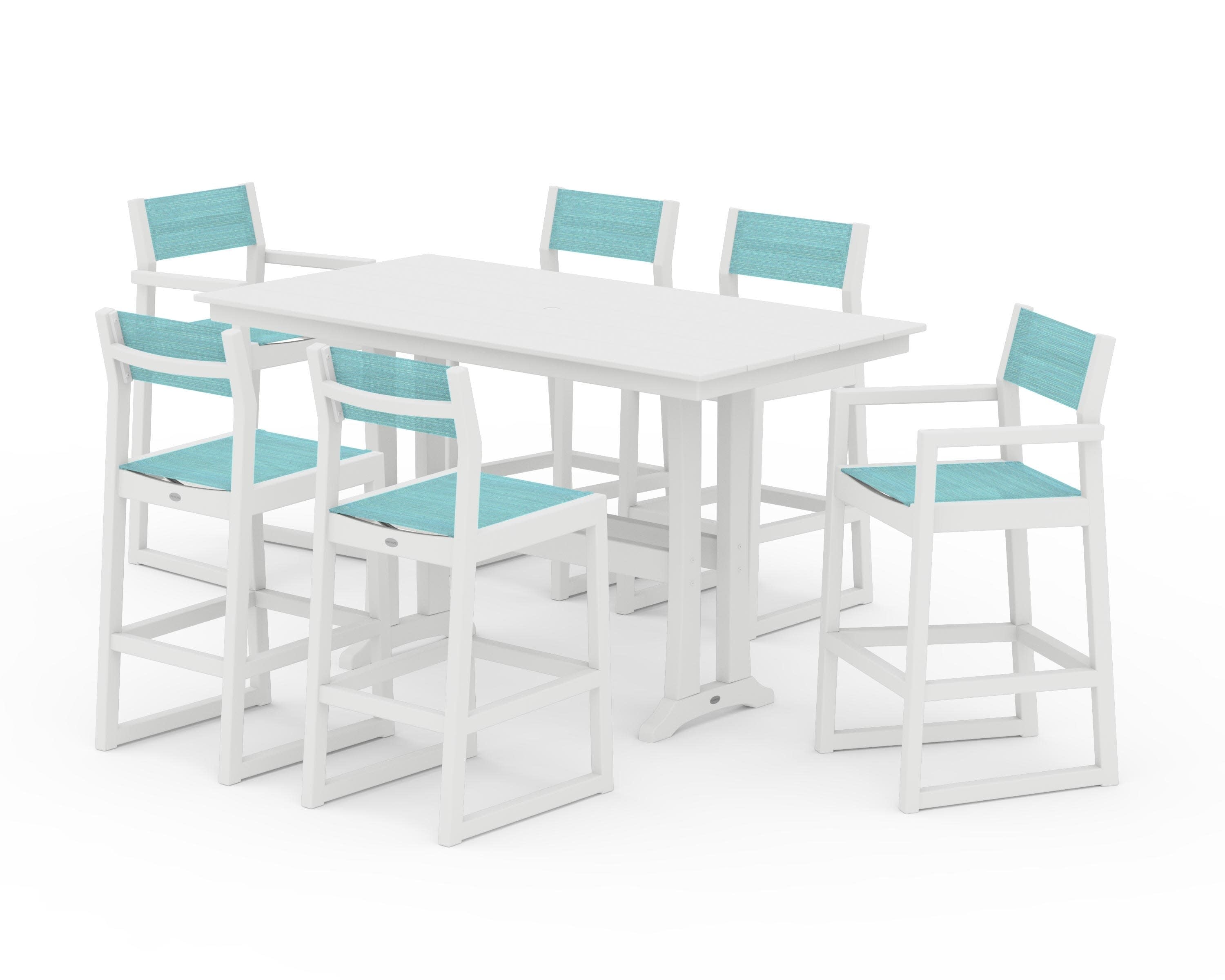EDGE Sling 7-Piece Farmhouse Bar Set with Trestle Legs in White / Dupioni Aquamarine Sling