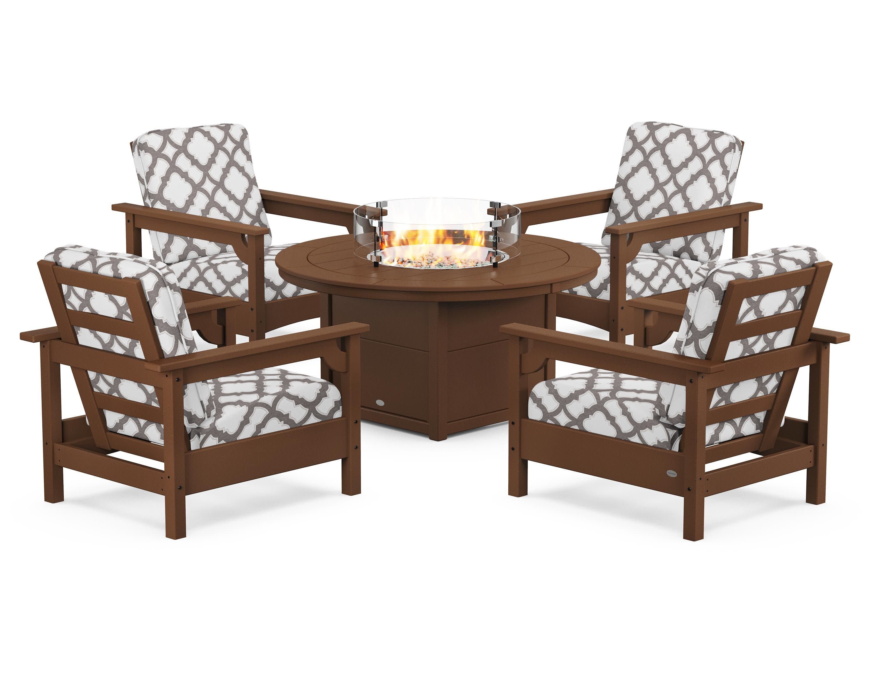 Club 5-Piece Conversation Set with Fire Pit Table in Teak / Trellis Grey Mist