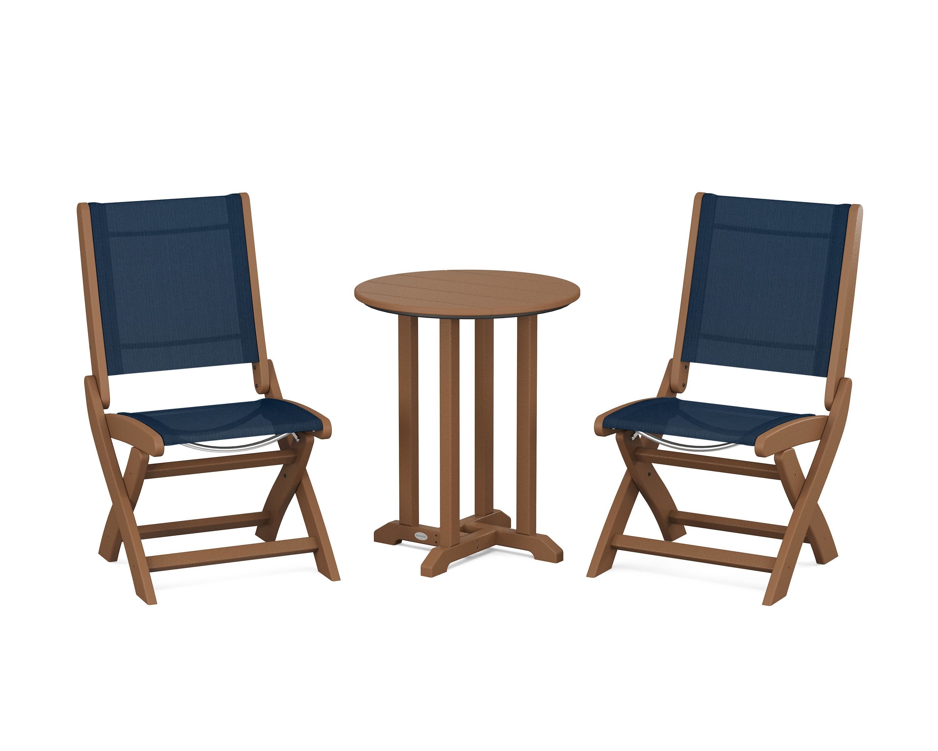 Coastal Folding Side Chair 3-Piece Round Bistro Dining Set in Teak / Navy Blue Sling