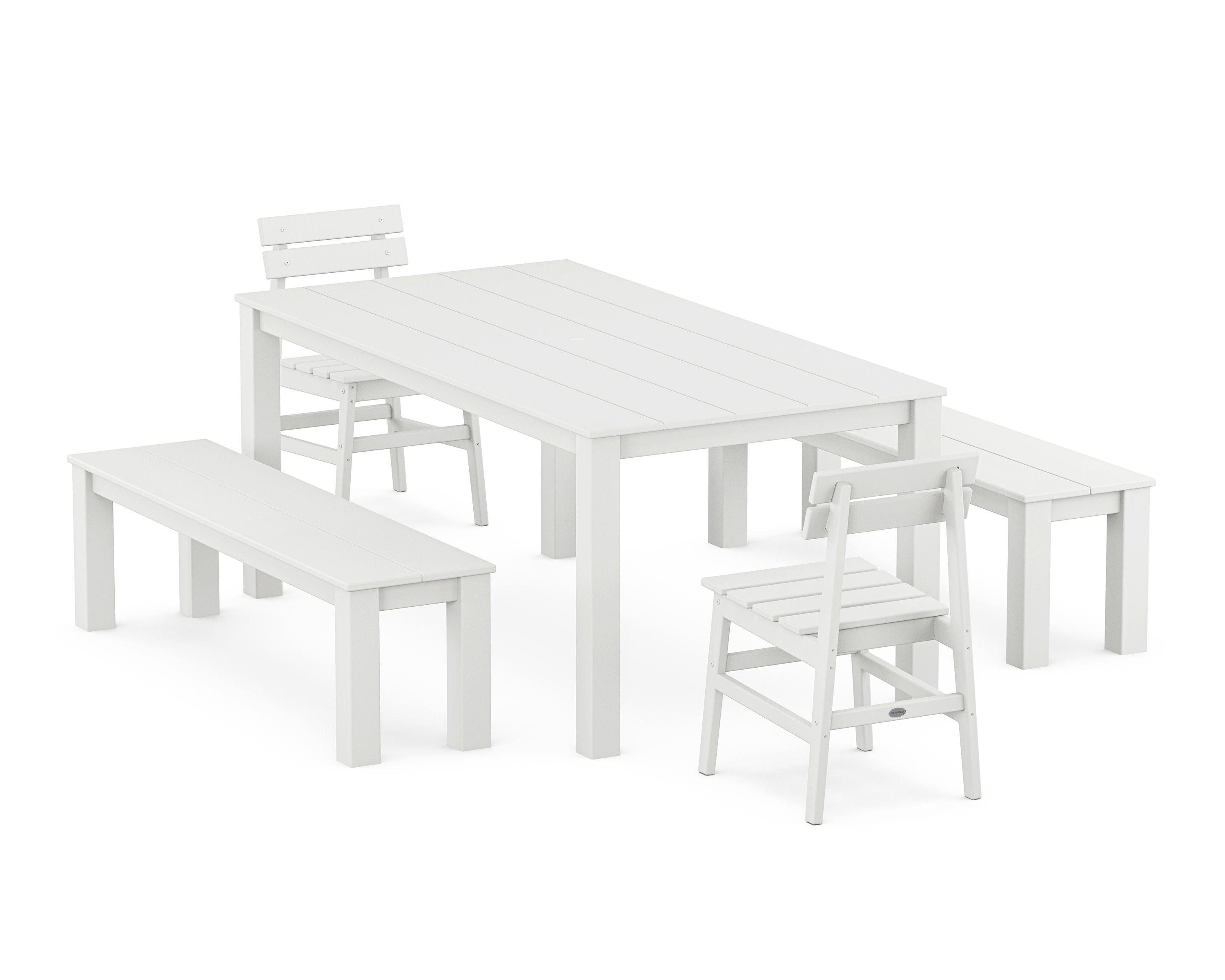 Modern Studio Plaza Chair 5-Piece Parsons Dining Set with Benches in White