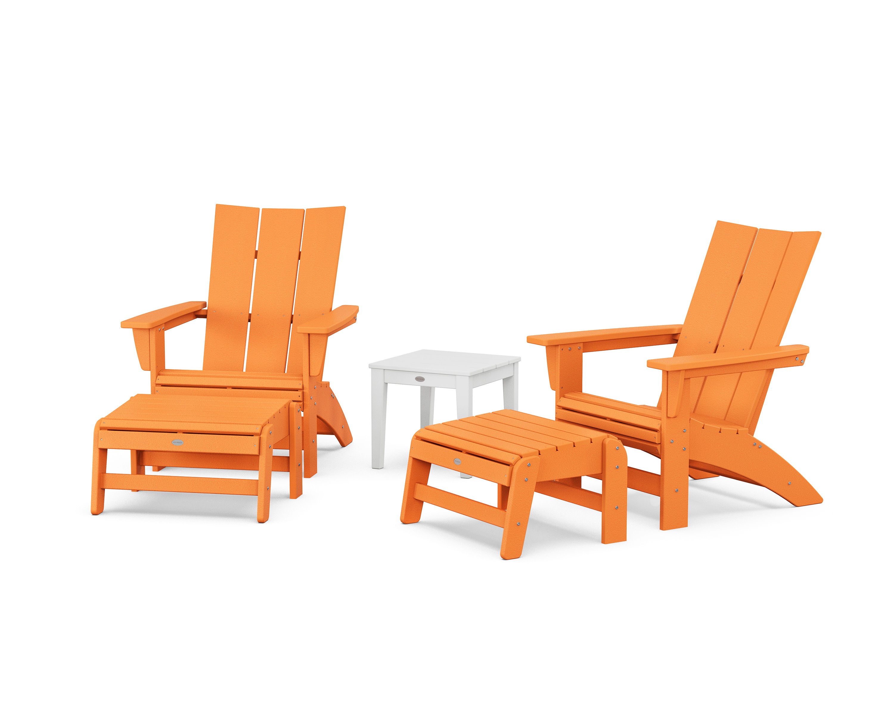 5-Piece Modern Grand Adirondack Set with Ottomans and Side Table in Tangerine / White