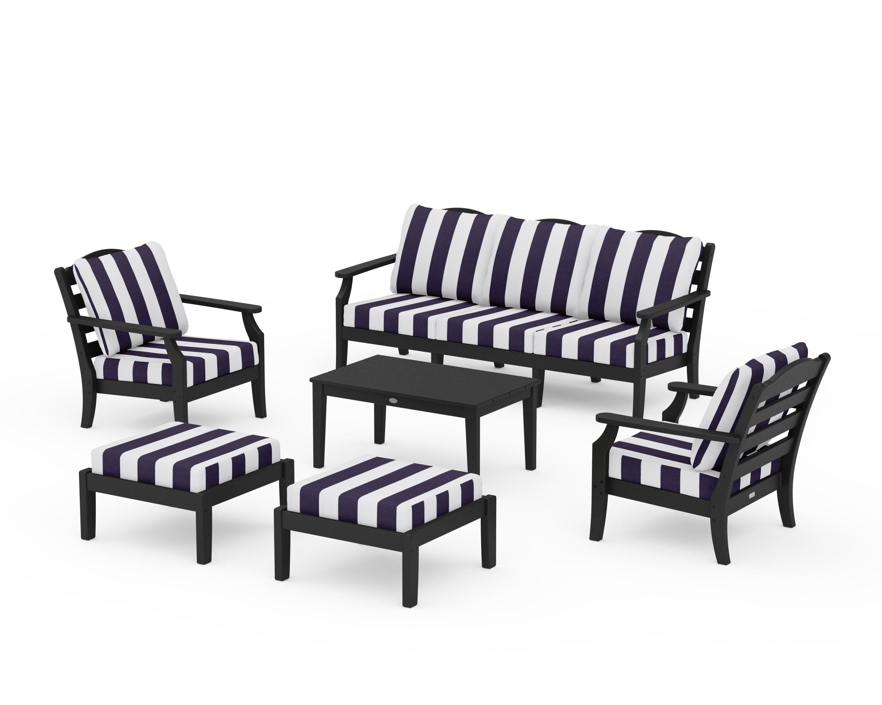 Savannah 6-Piece Lounge Sofa Set in Black / Cabana Stripe Navy
