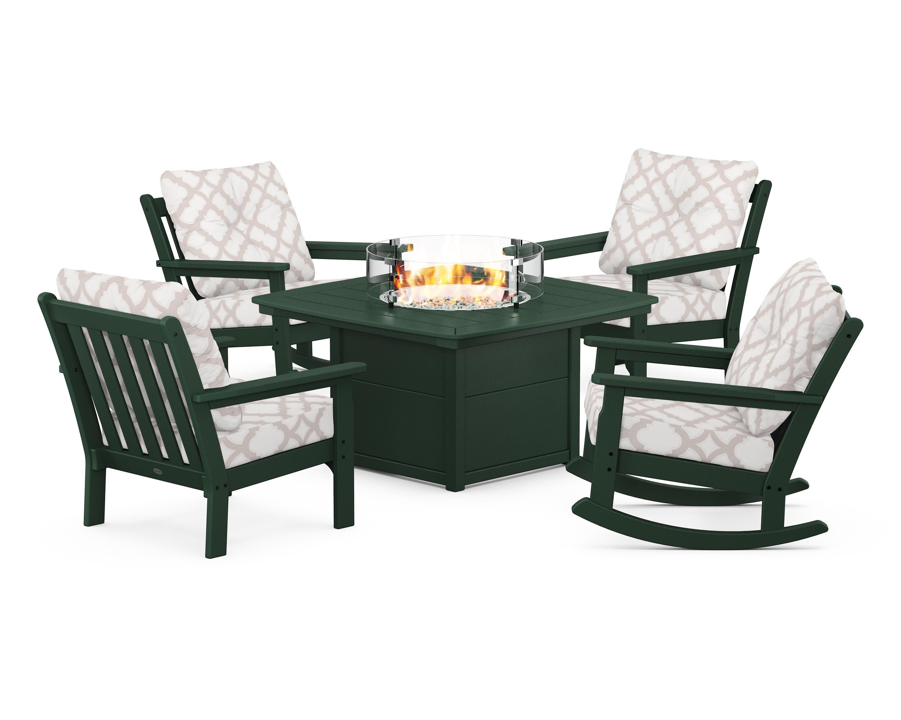 Vineyard 5-Piece Deep Seating Rocking Chair Conversation Set with Fire Pit Table in Green / Trellis Dune Burlap