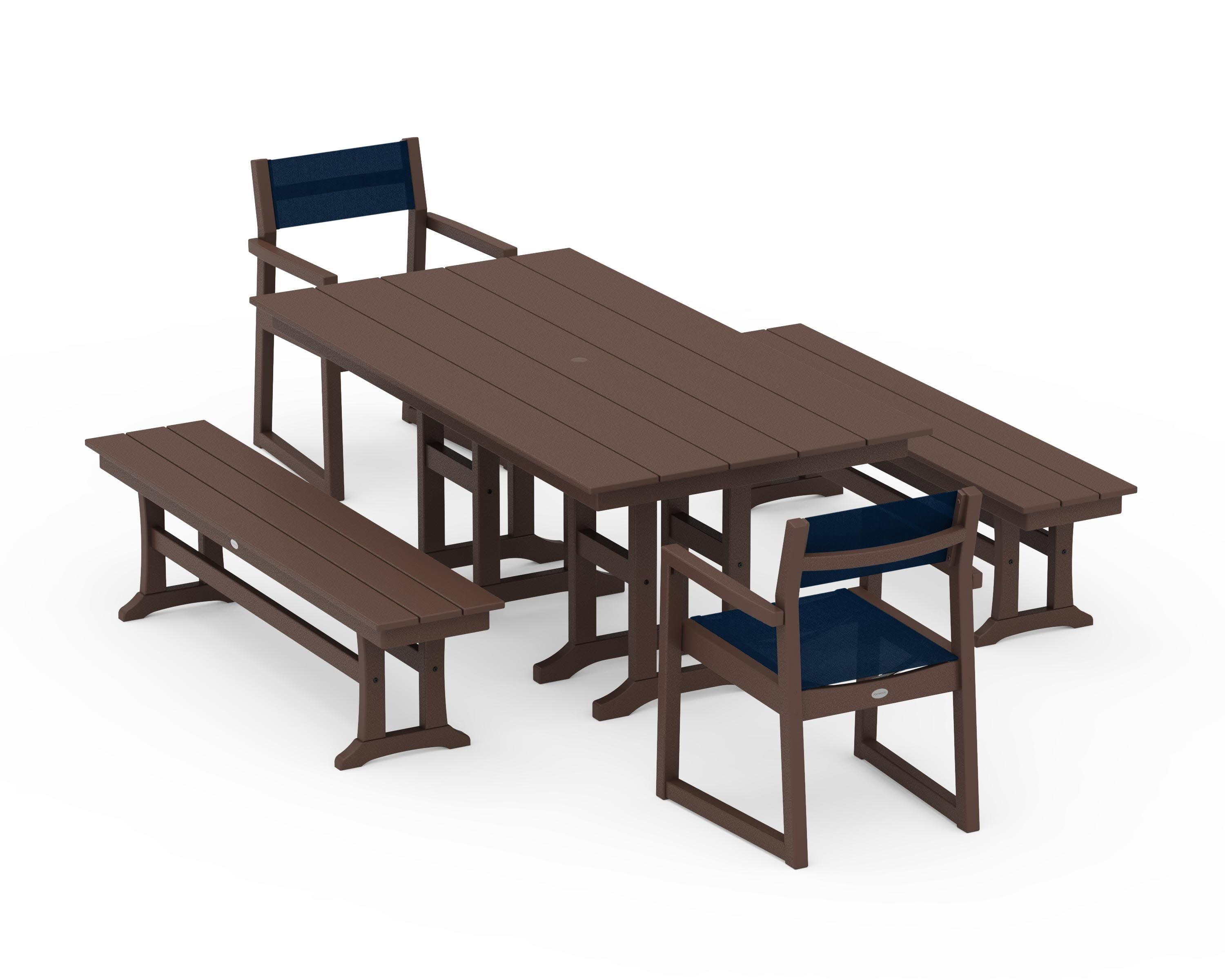 EDGE Sling Arm Chair 5-Piece Farmhouse Dining Set with Benches in Mahogany / Navy Blue Sling