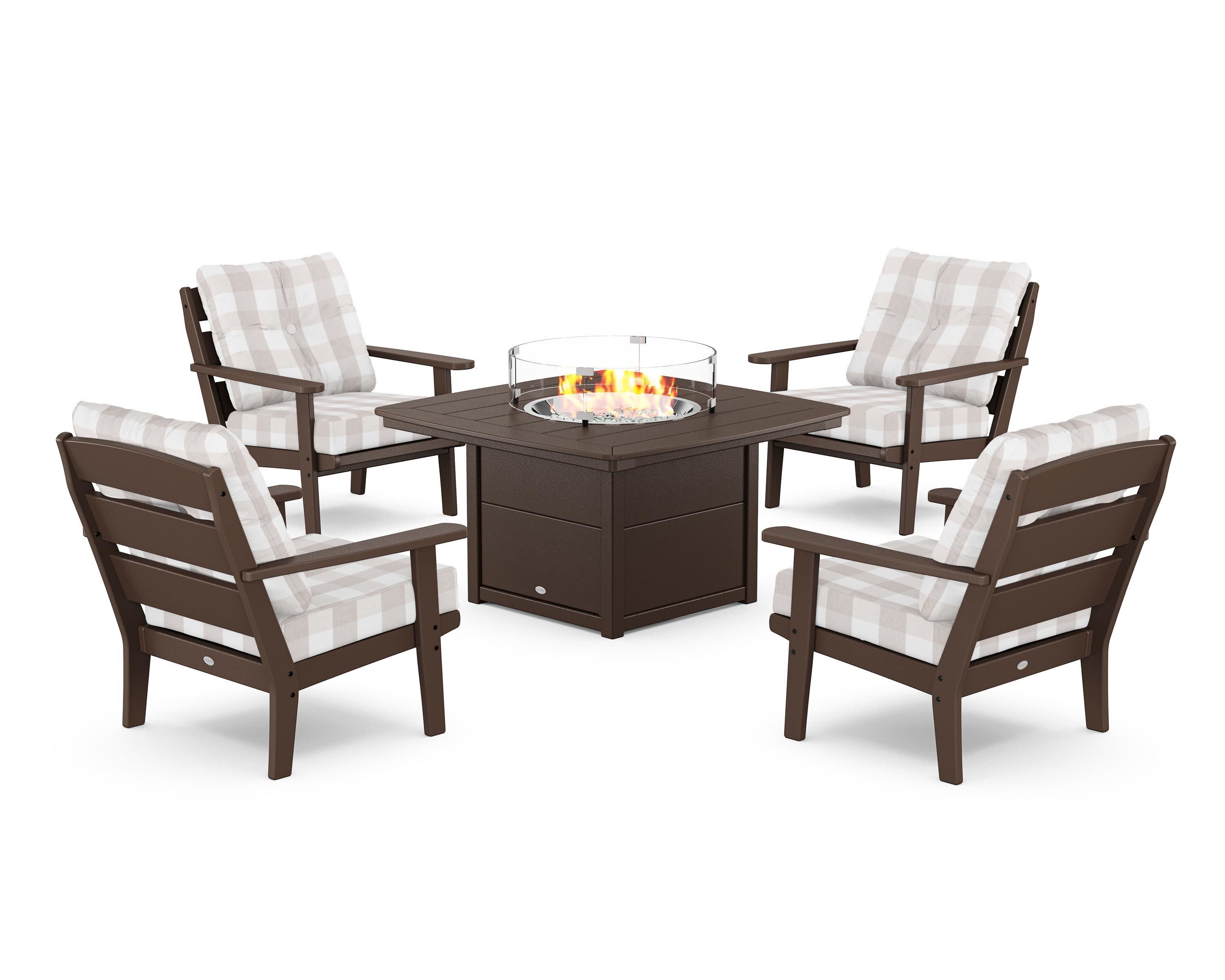 Lakeside 5-Piece Deep Seating Set with Nautical Fire Pit Table in Mahogany / Buffalo Plaid Dune Burlap
