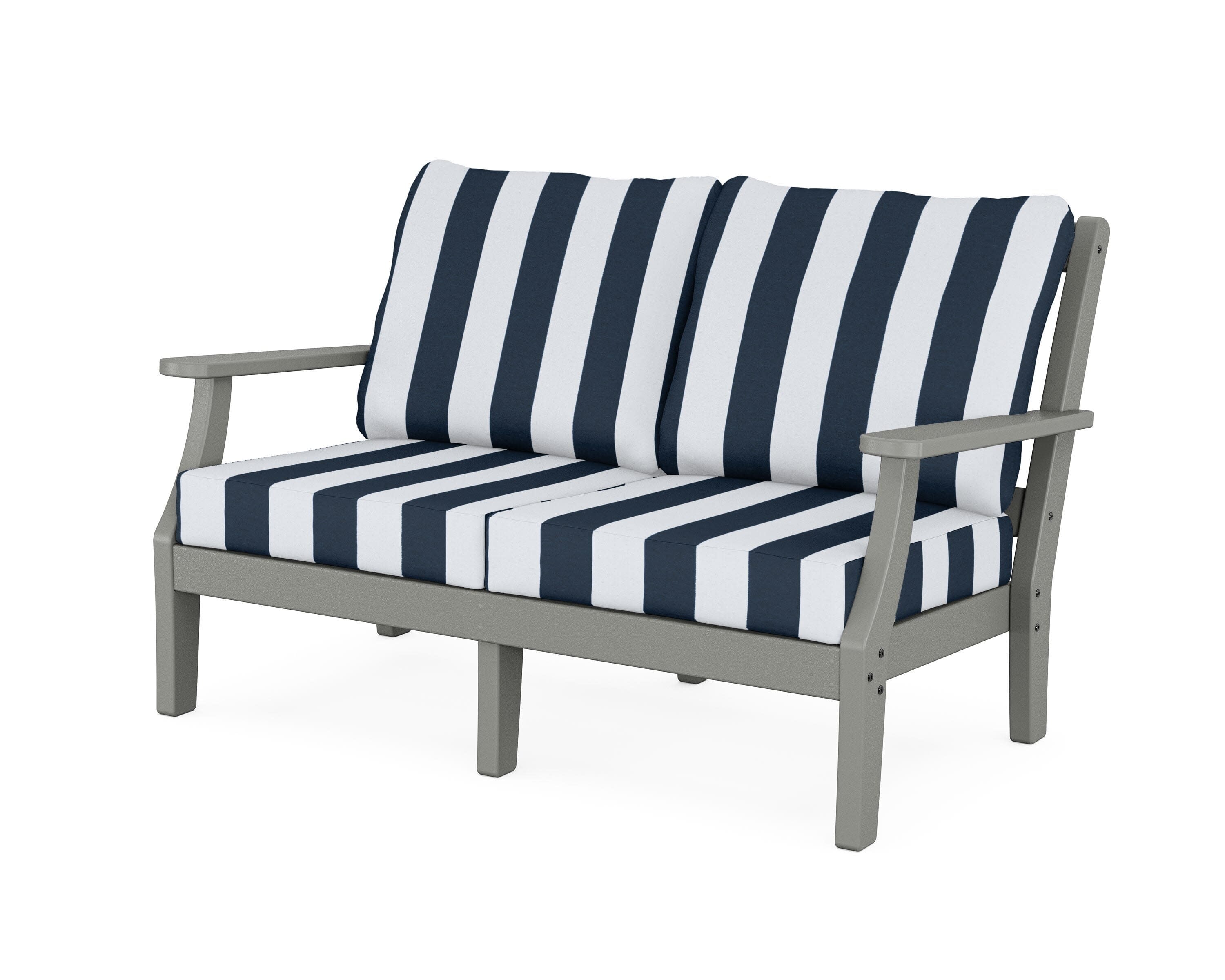 Chinoiserie Deep Seating Loveseat in Slate Grey / Cabana Stripe Marine Indigo