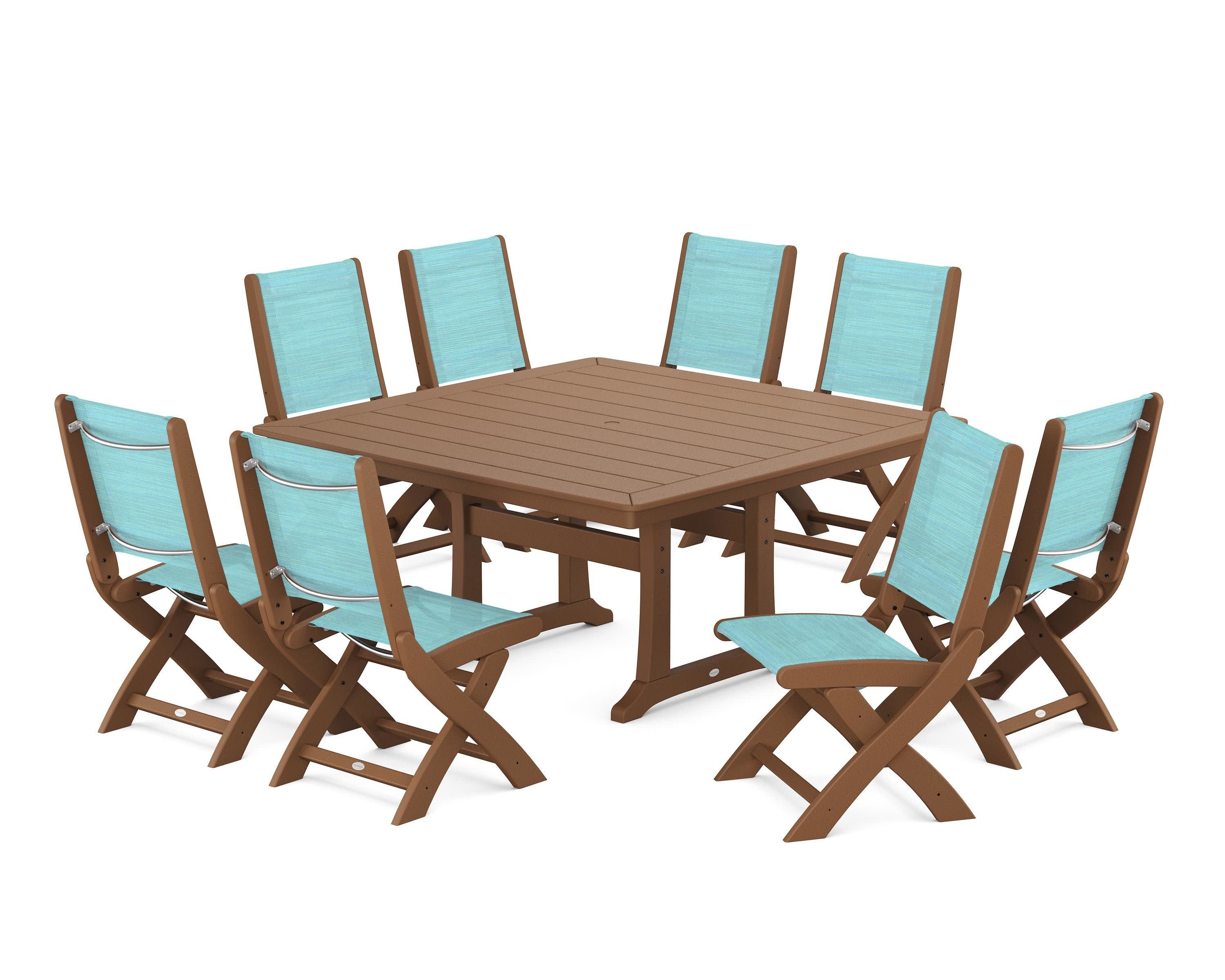 Coastal Folding Side Chair 9-Piece Dining Set with Trestle Legs in Teak / Dupioni Aquamarine Sling