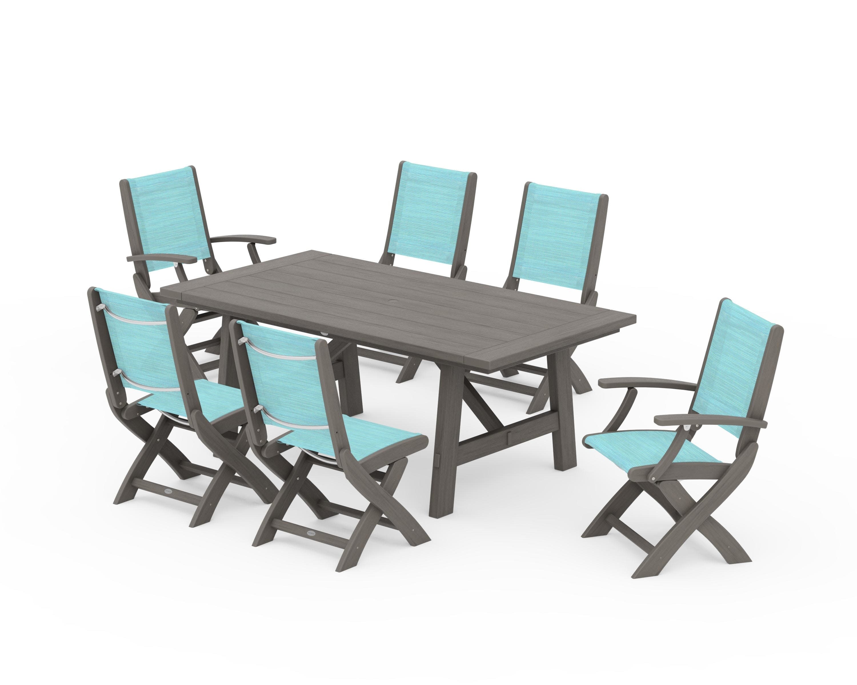 Coastal Folding Chair 7-Piece Rustic Farmhouse Dining Set in Driftwood / Dupioni Aquamarine Sling
