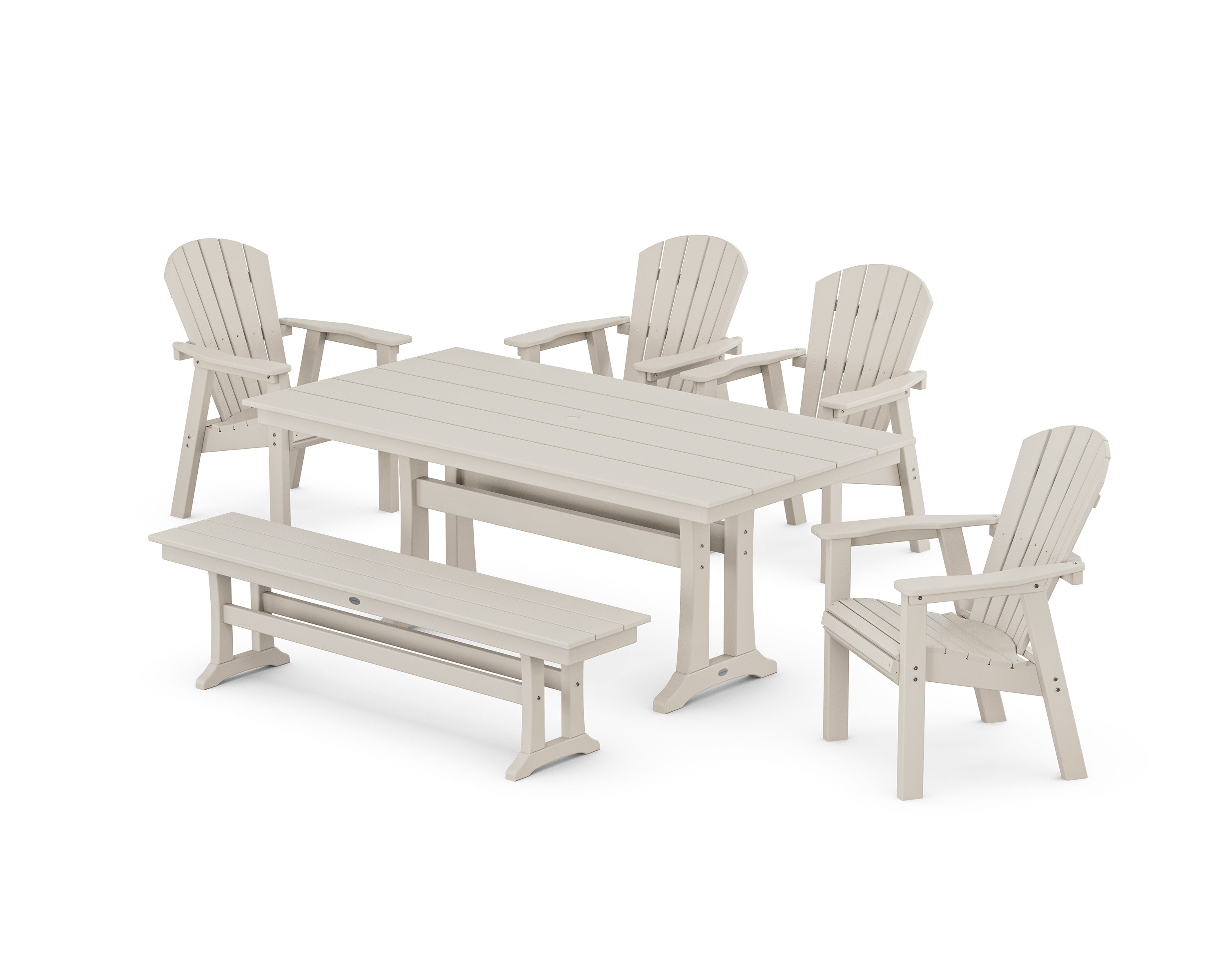Seashell 6-Piece Farmhouse Dining Set with Trestle Legs and Bench in Sand