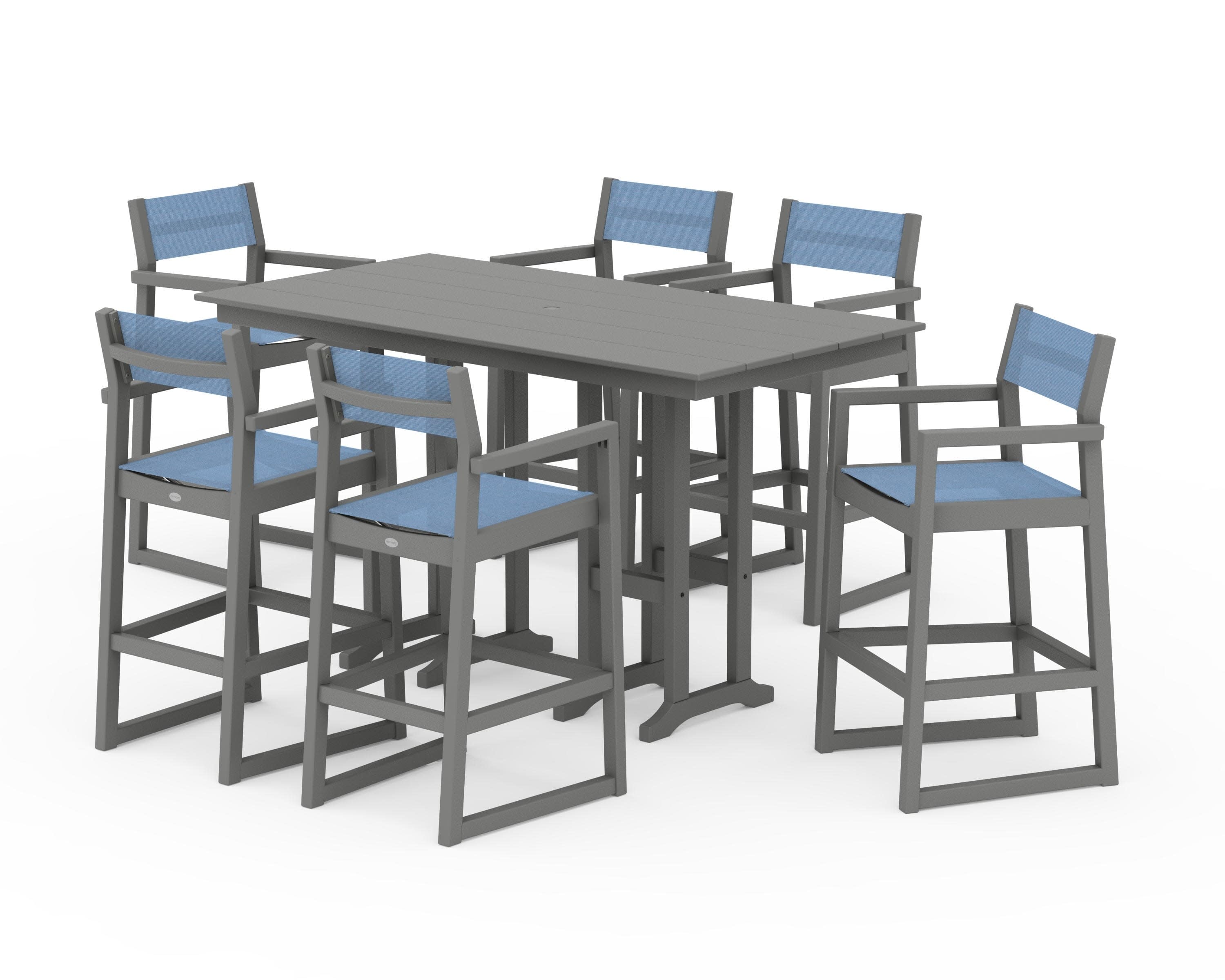 EDGE Sling Arm Chair 7-Piece Farmhouse Bar Set in Slate Grey / Poolside Sling