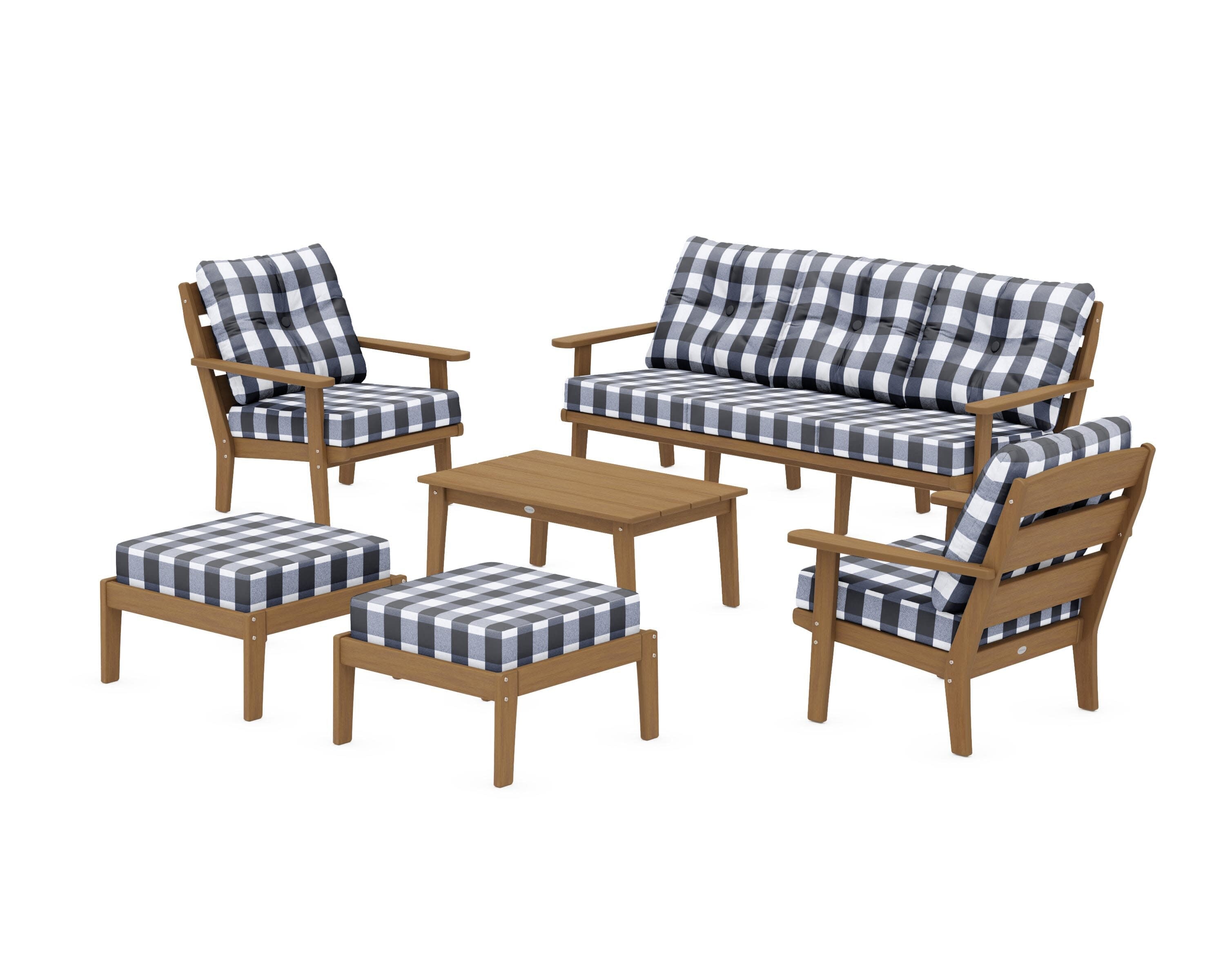 Lakeside 6-Piece Lounge Sofa Set in Natural / Buffalo Plaid Marine Indigo