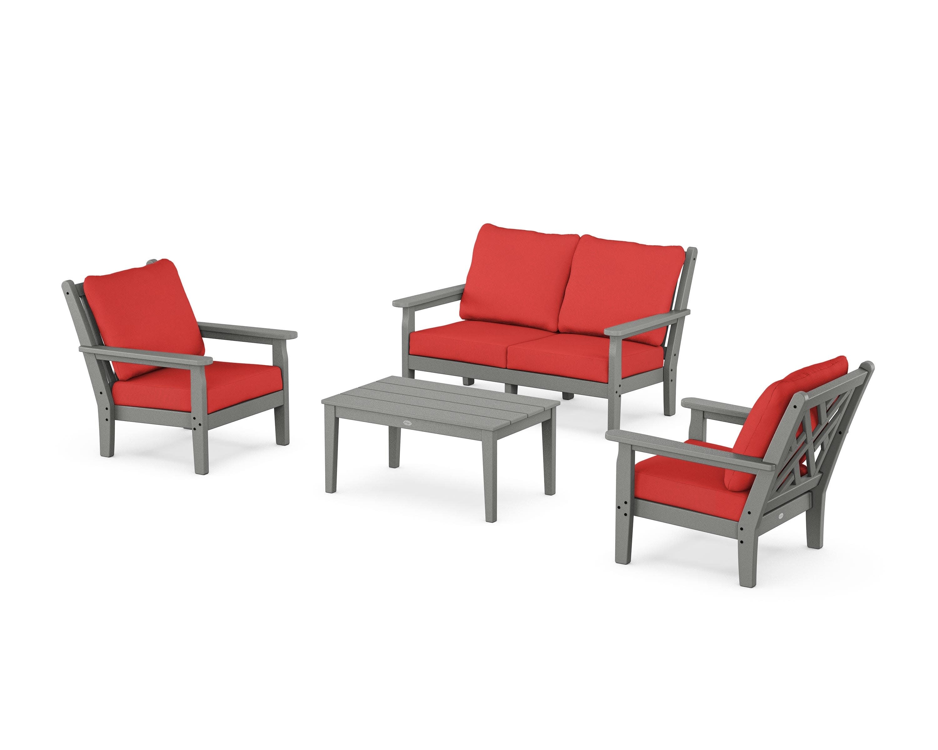 Chippendale 4-Piece Deep Seating Set with Loveseat in Slate Grey / Crimson Linen