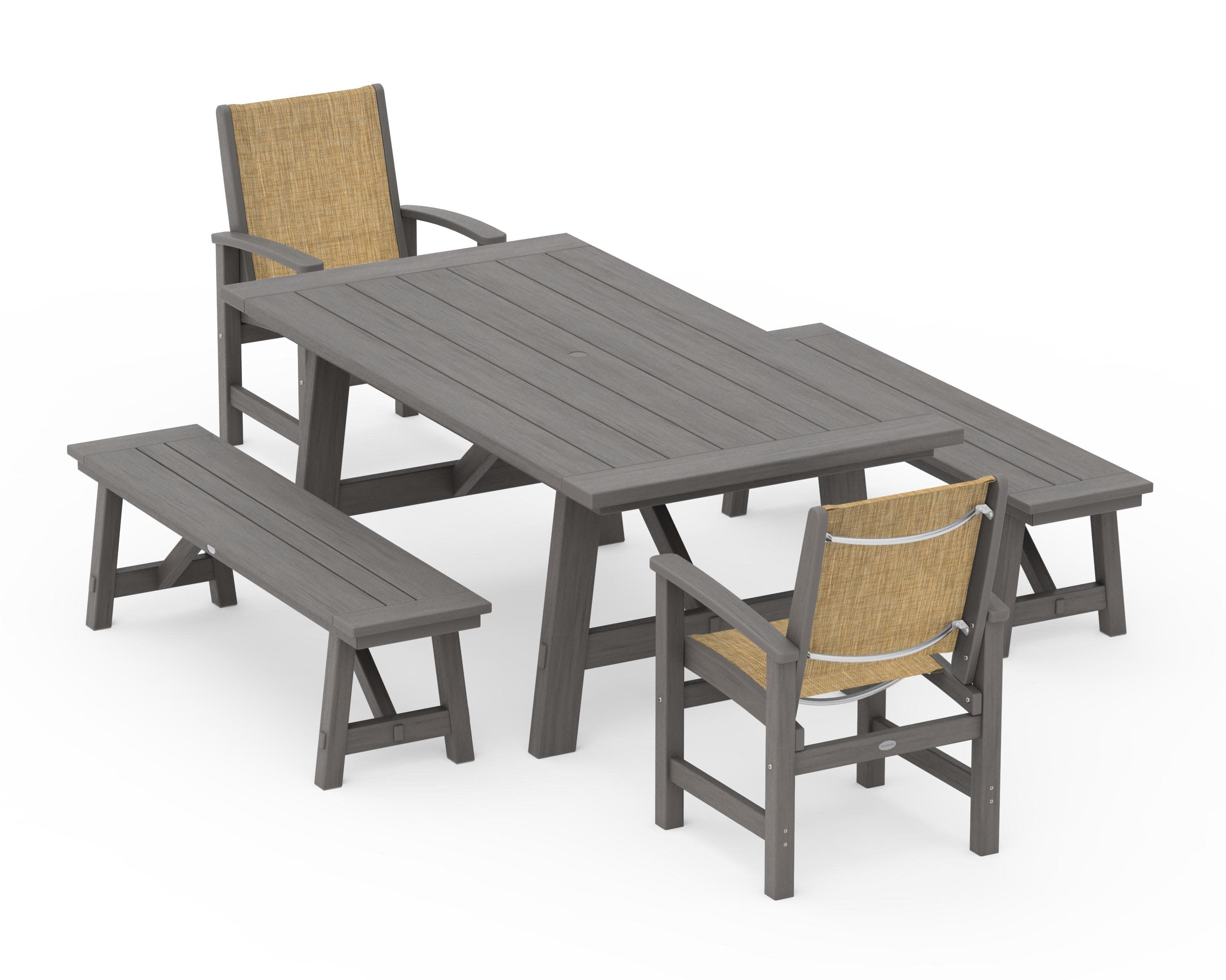 Coastal 5-Piece Rustic Farmhouse Dining Set With Benches in Driftwood / Burlap Sling