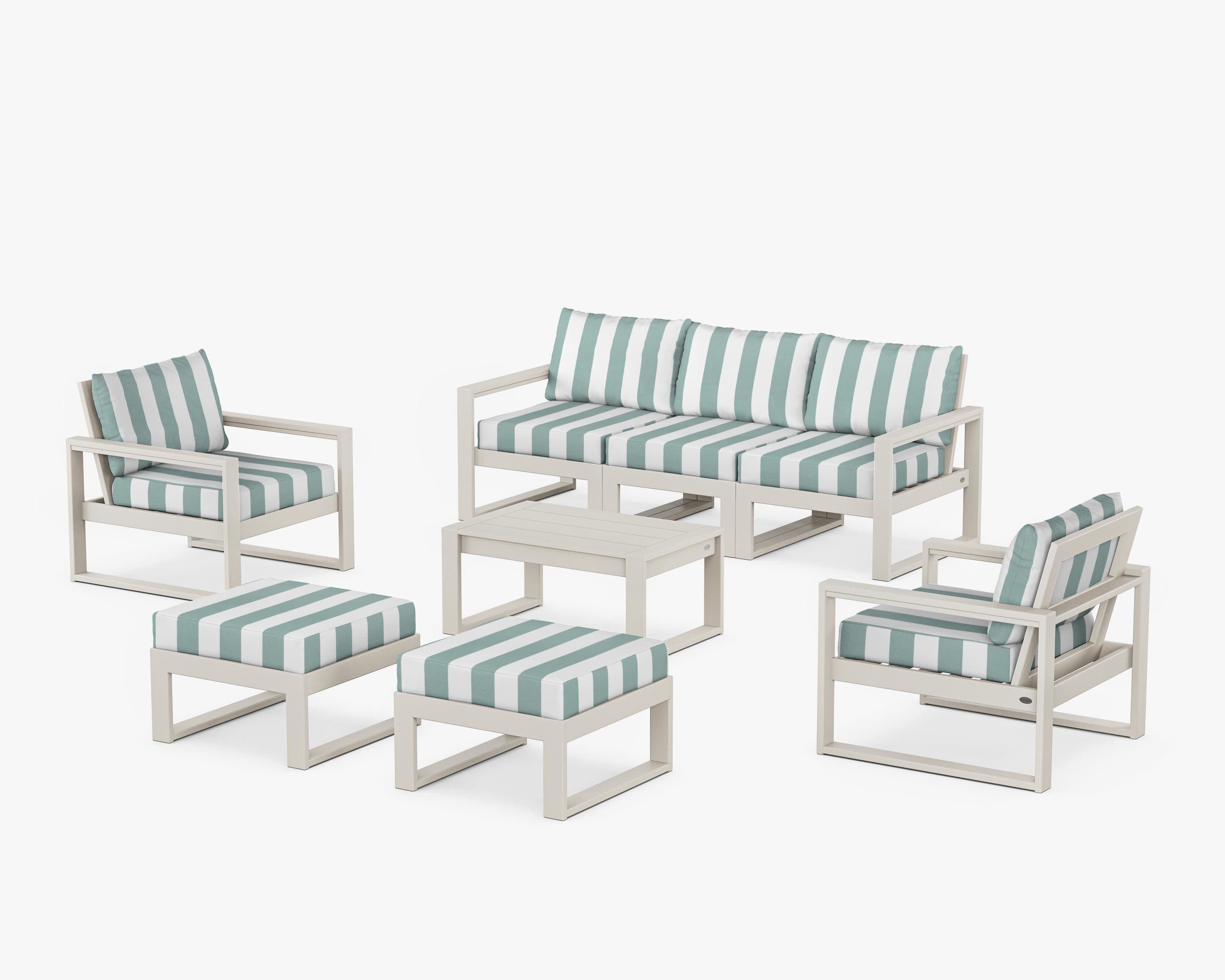 EDGE Sectional 8-Piece Lounge Sofa Set in Sand / Cabana Stripe Glacier Spa